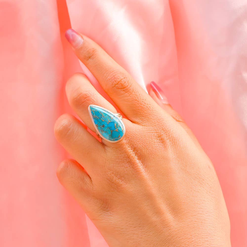 Bague en argent sterling 925 massif avec turquoise et cuivre bleu
