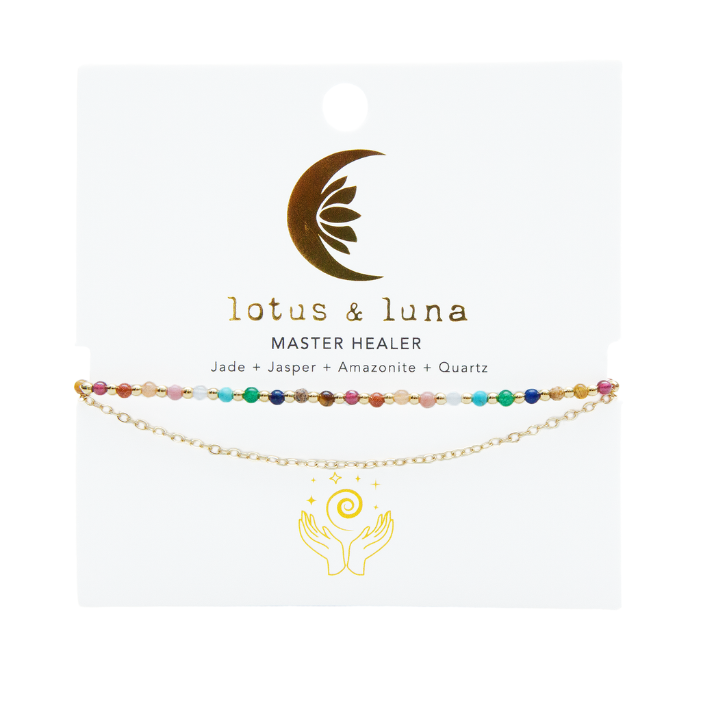 Bracelet double multi color Master Healer Healing 2 mm plaqué or Jade Jaspe Amazonite Quartz Œil de Tigre Grenat Unakite