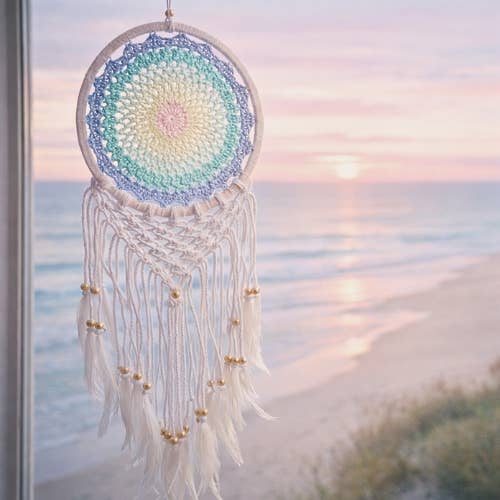 Attrape-rêves multicolore avec pièce tricotée, plumes et perles