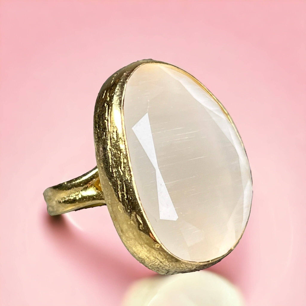 Bague "ZOELIE" pierre naturelle Agate blanche dorée or fin
