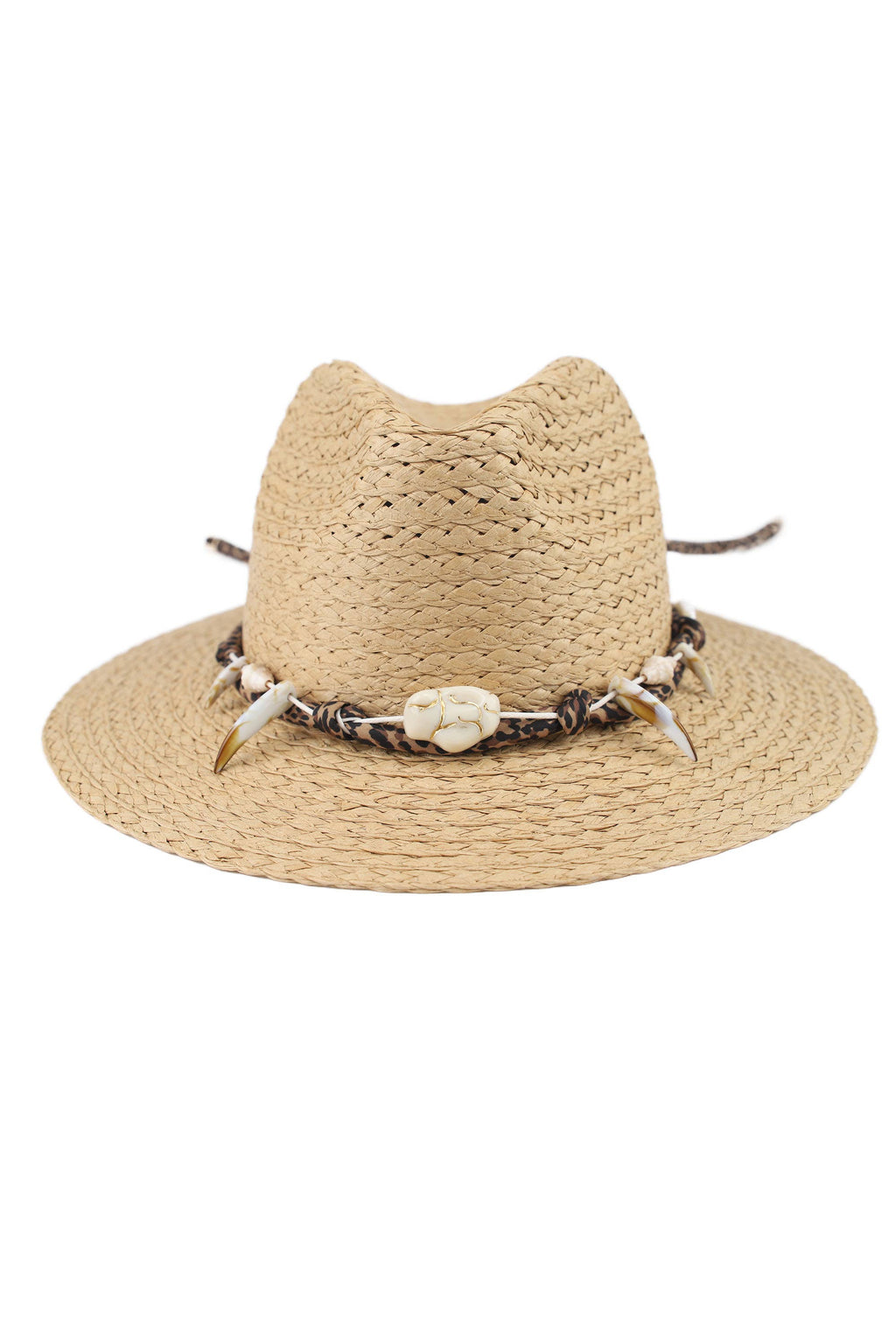 Chapeau en papier tressé avec bande léopard