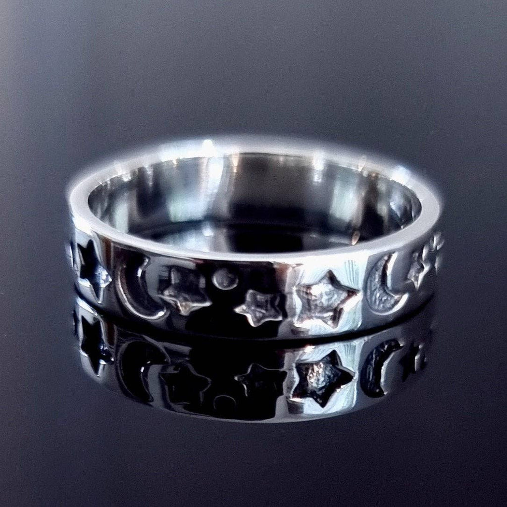 Bague Bande Unisexe Étoile et Lune Argent | Argent Sterling 925, R18
