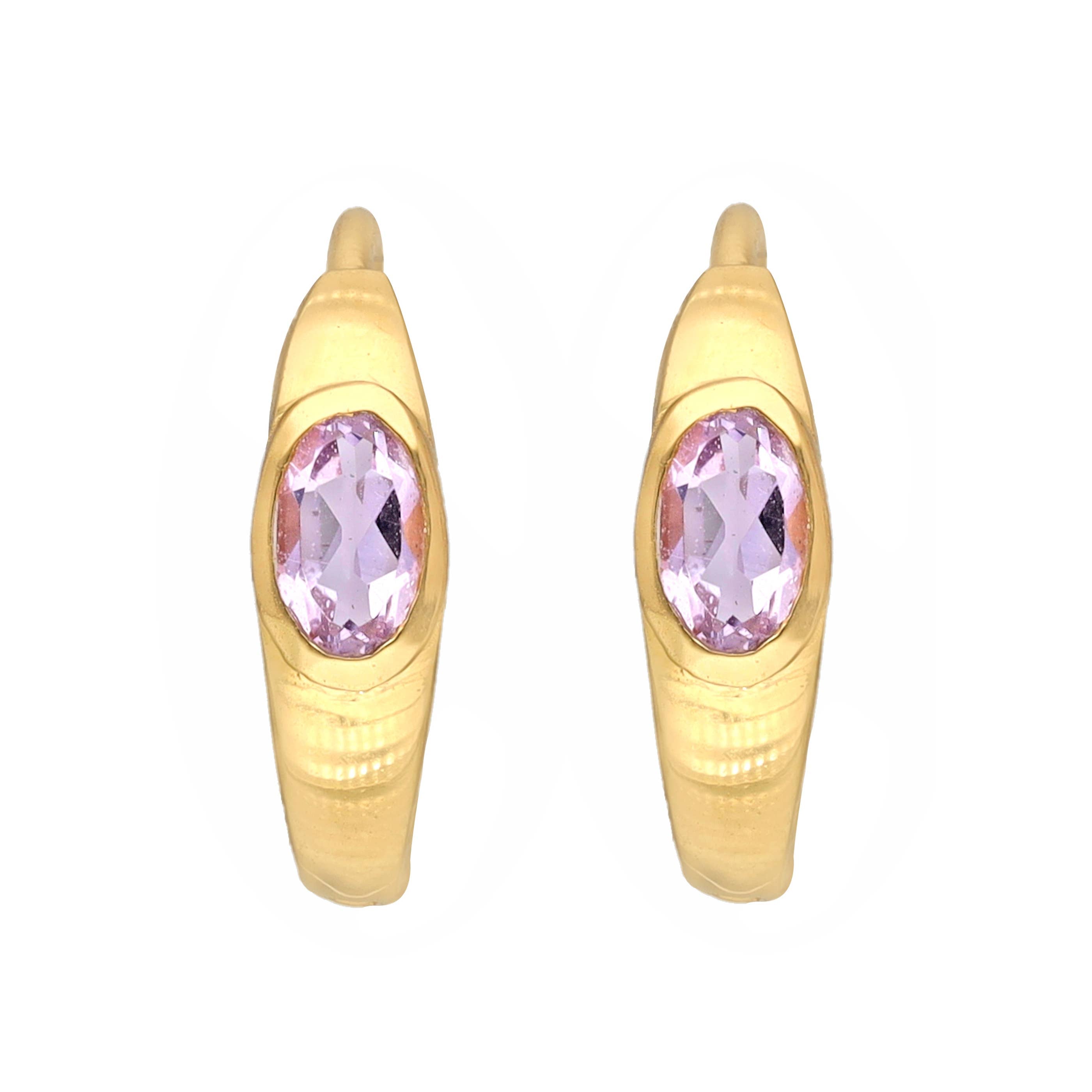 Boucles d'oreilles créoles en argent plaqué or 14K avec pierre d'améthyste