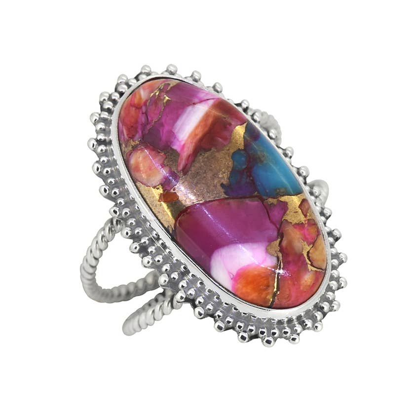 Bague Statement en Argent 925 avec Turquoise et Nacre Rose