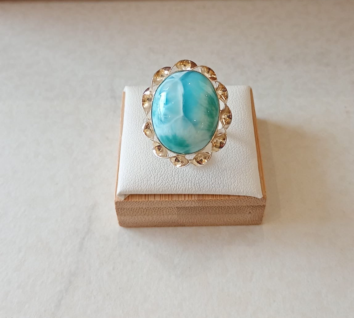 Bague Larimar forme médaillon réglable Qualité Extra AAA République Dominicaine