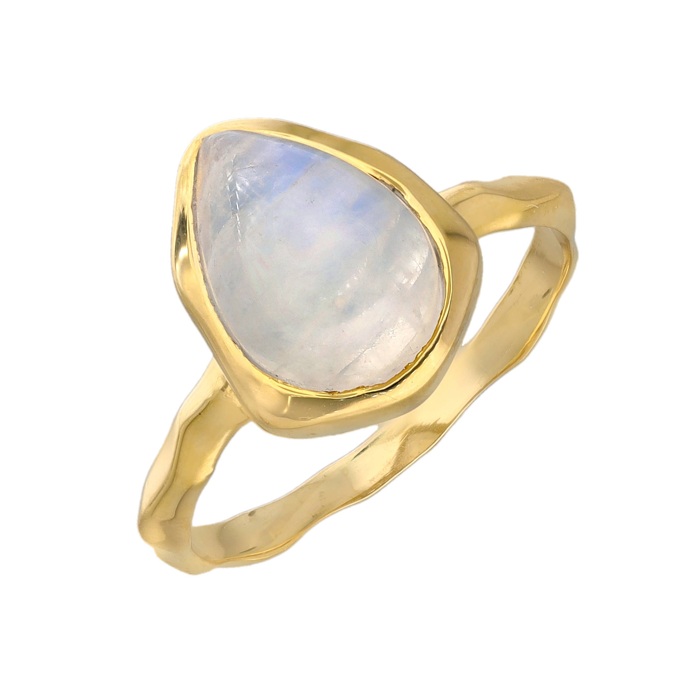 Bague Solitaire en Pierre de Lune Arc-en-Ciel Plaquée Or sur Argent