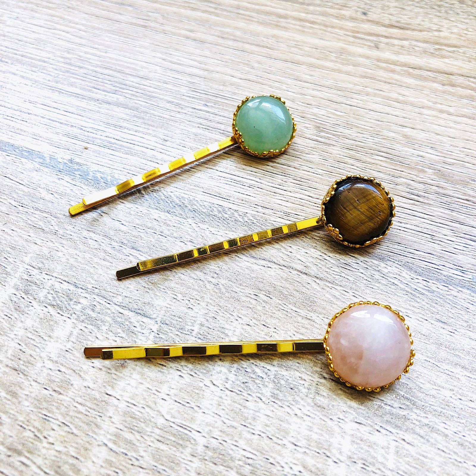 Barrette épingle pierre naturelle Margaux au choix aventurine quartz rose oeil de tigre nacre blanche