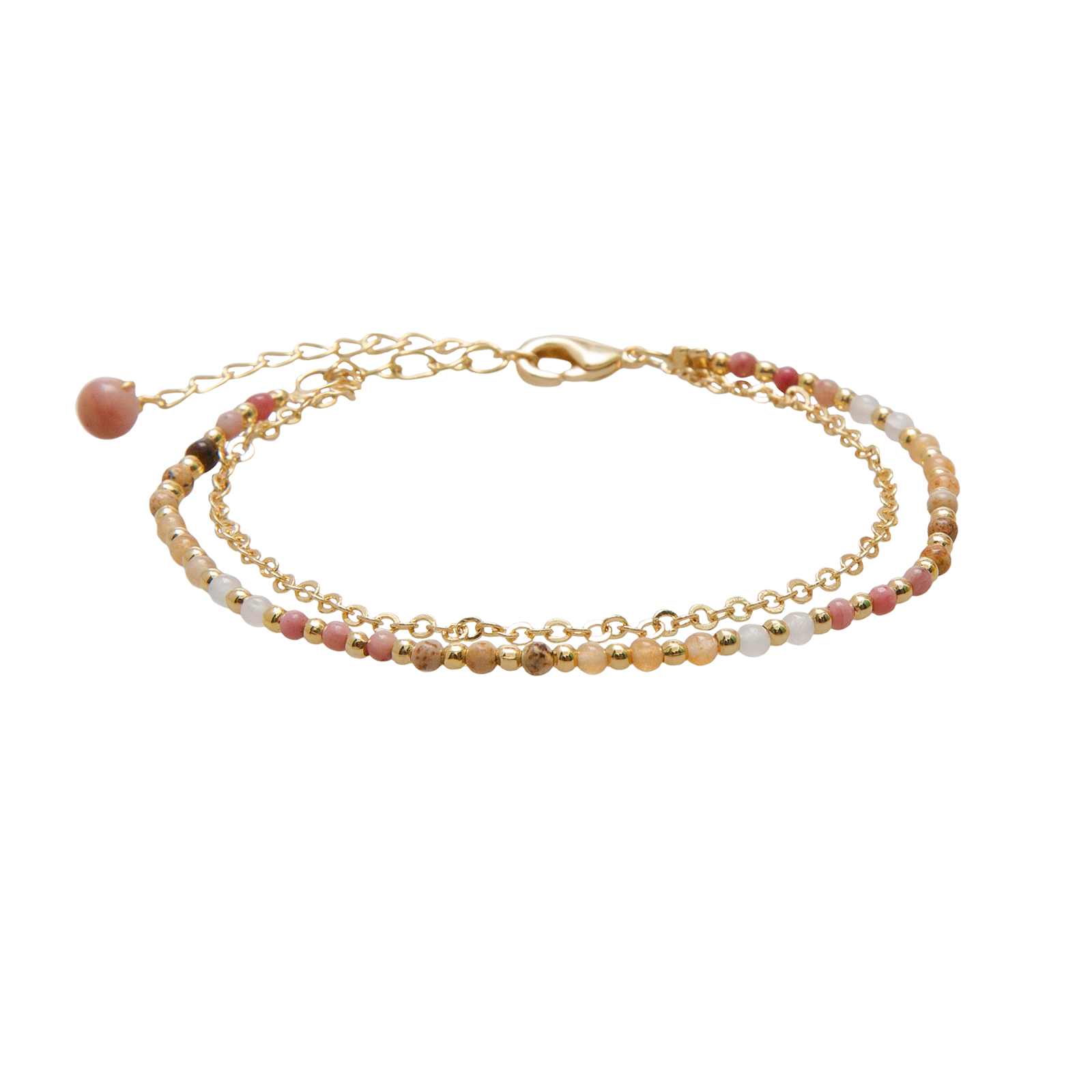 Bracelet de guérison double Growth & Inspiration 2 mm (plaqué or) Rhodolite Agate Quartz Jaspe Couleur Rose, Jaune, Blanc, Or