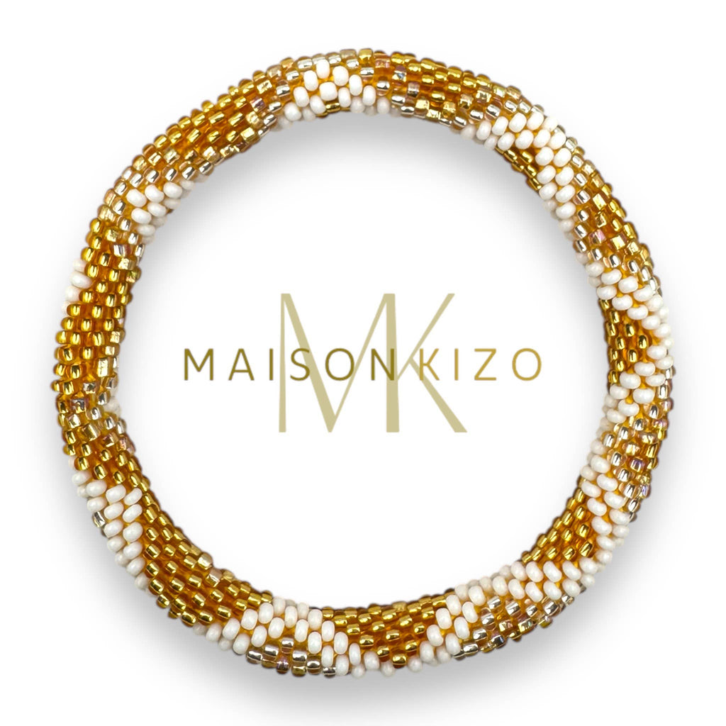 Bracelet népalais  perles de verre D23 Doré Blanc Triangle