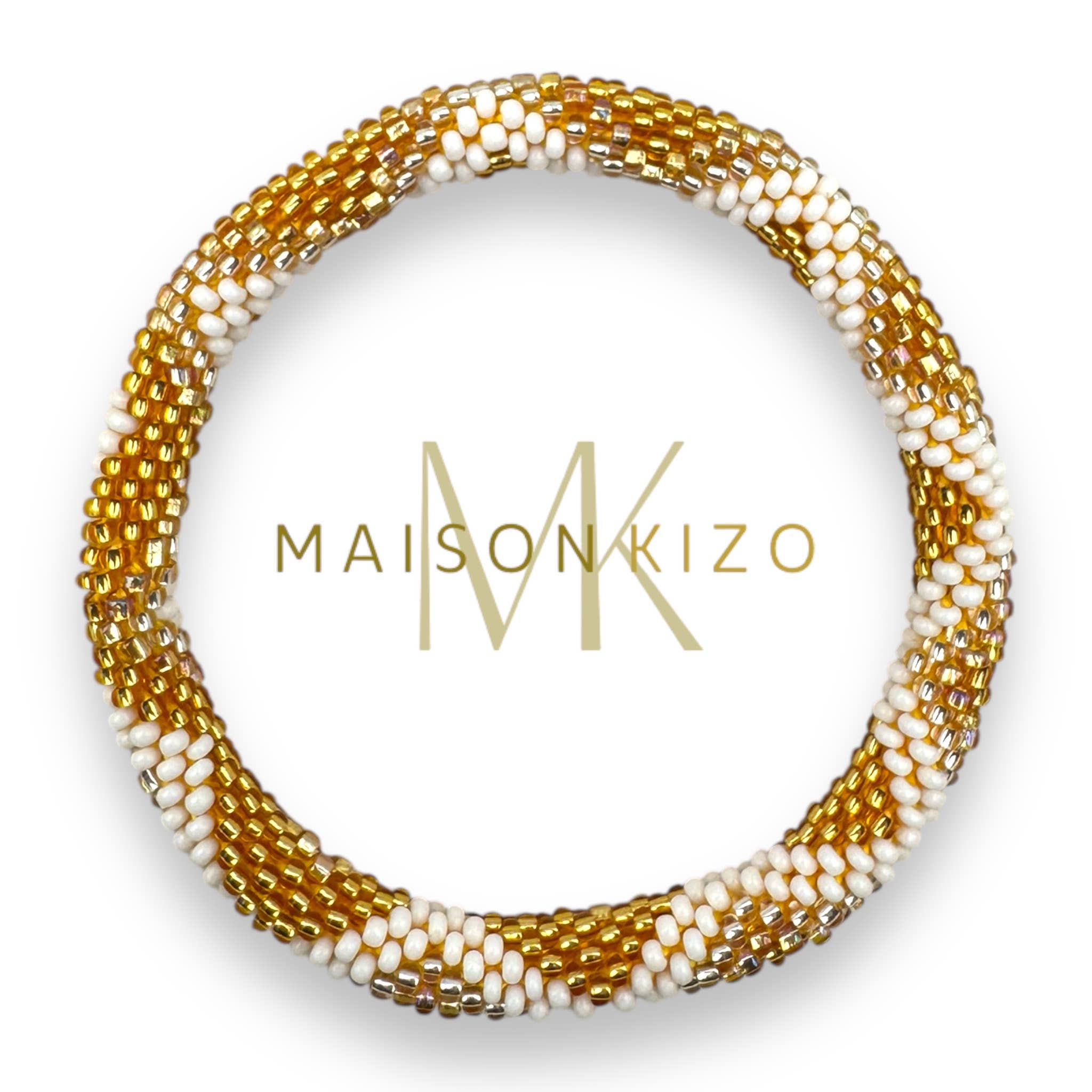 Bracelet népalais  perles de verre D23 Doré Blanc Triangle
