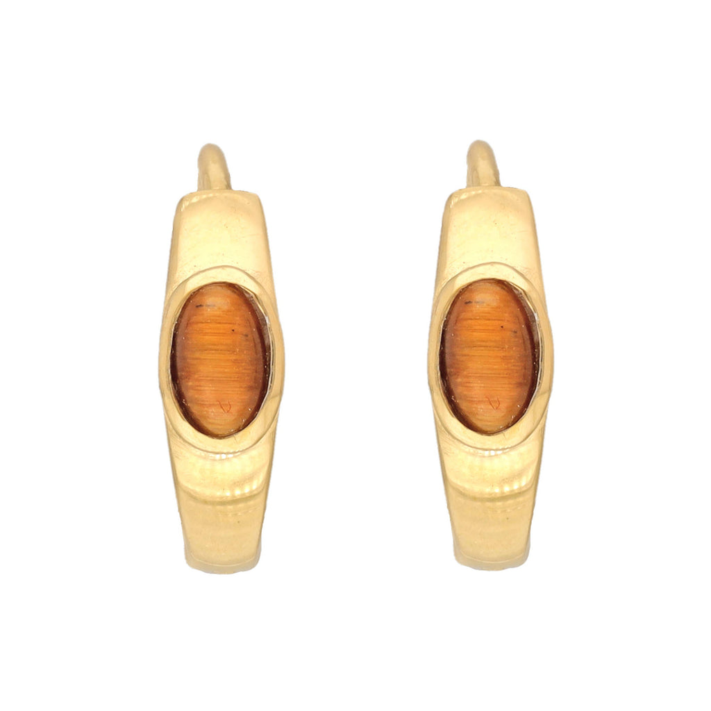 Boucles d'oreilles créoles en argent plaqué or 14K avec pierre œil de tigre.