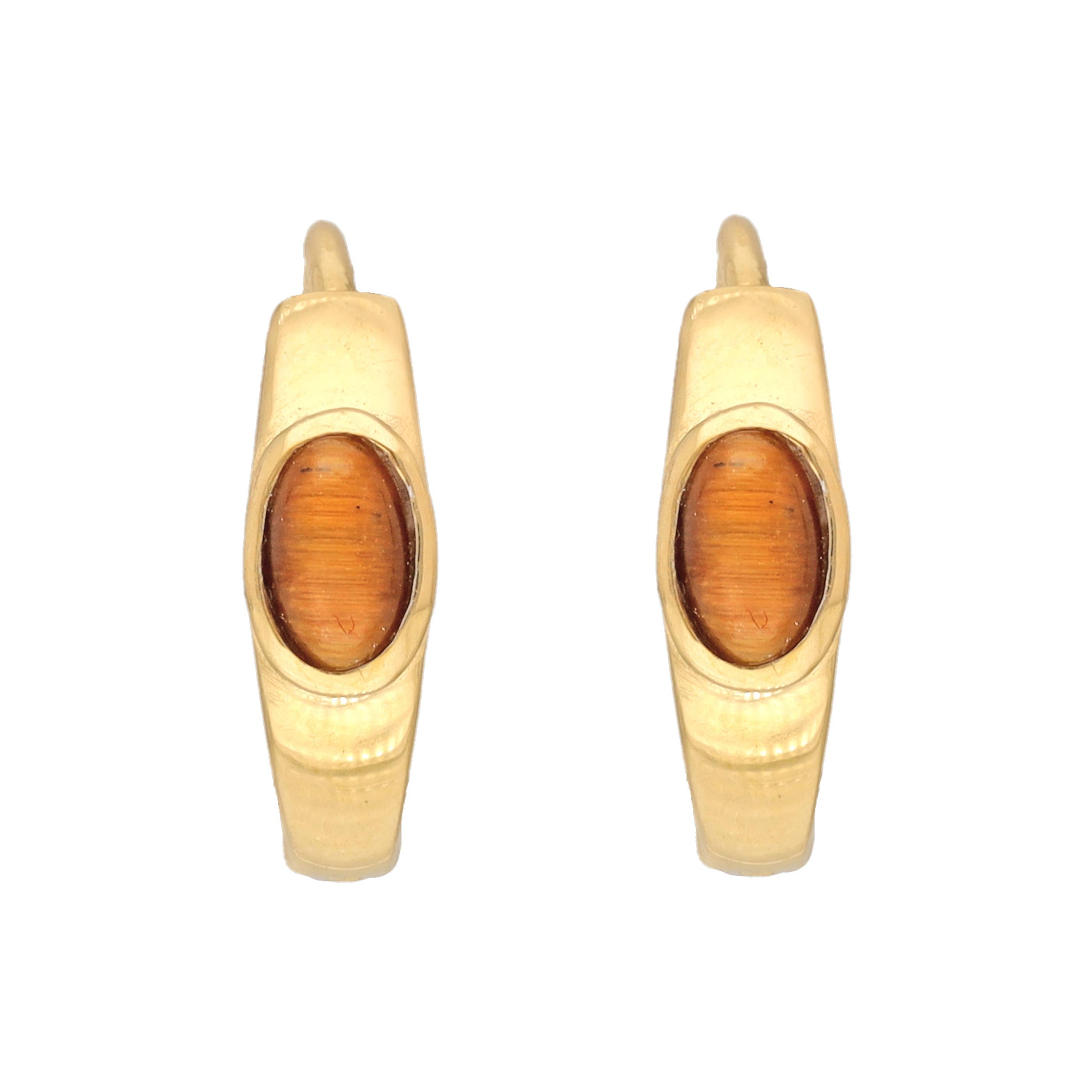 Boucles d'oreilles créoles en argent plaqué or 14K avec pierre œil de tigre.