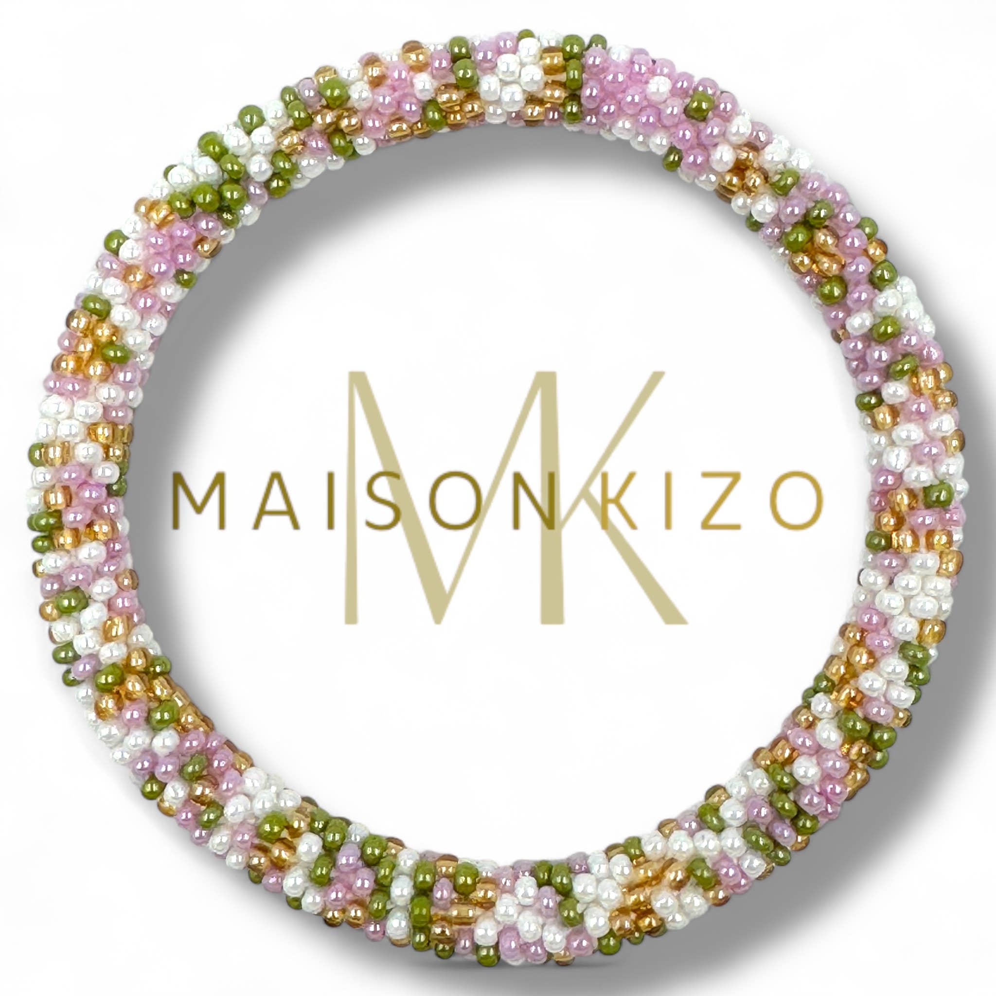 Bracelet népalais multi color vert pale blanc rose doré
