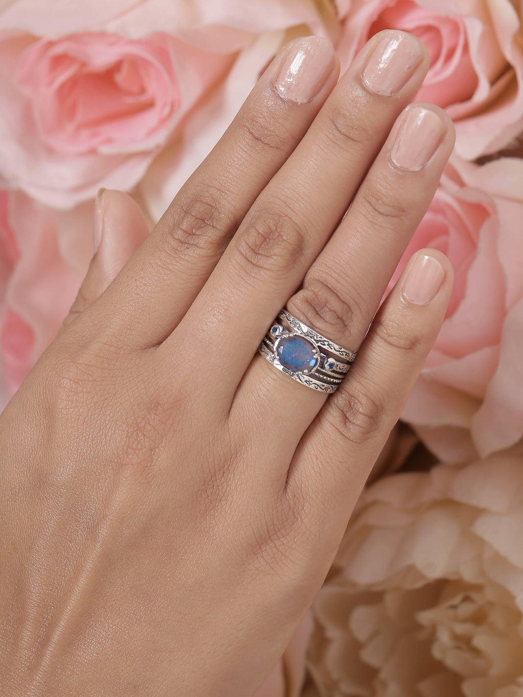 Bague ancienne en argent sterling Labradorite et Topaze bleue suisse