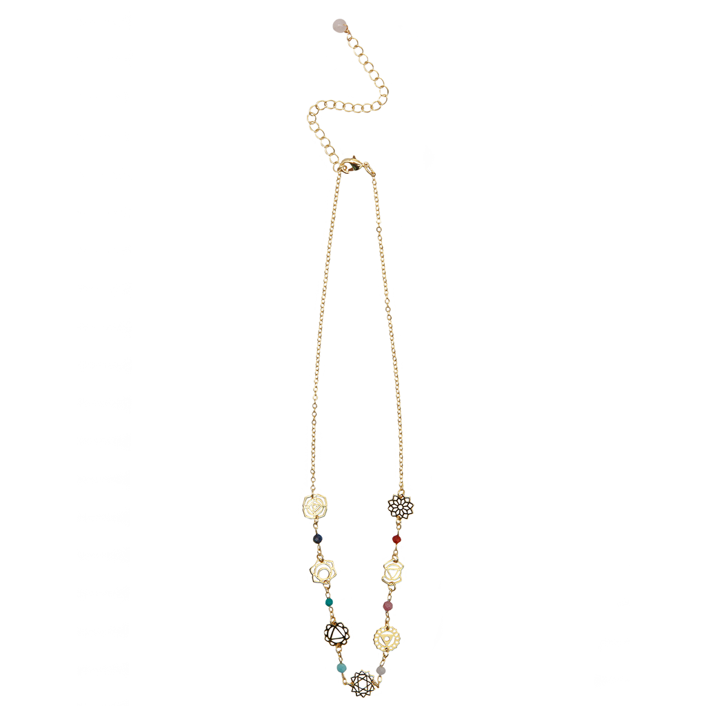 Collier de guérison des sept chakras plaqué or Lapis-lazuli turquoise amazonite quartz rose rhodolite agate