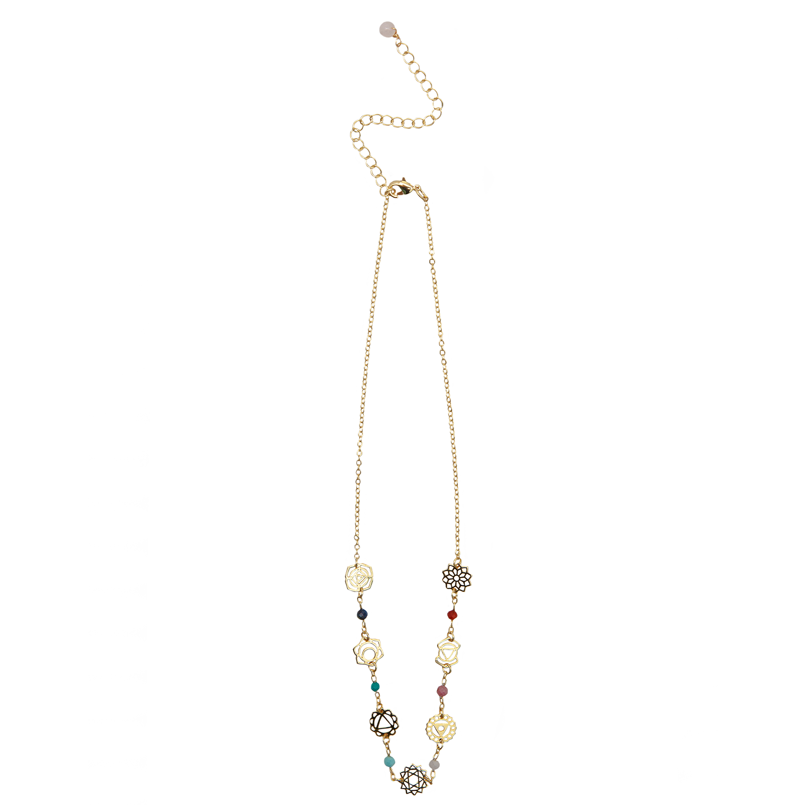 Collier de guérison des sept chakras plaqué or Lapis-lazuli turquoise amazonite quartz rose rhodolite agate