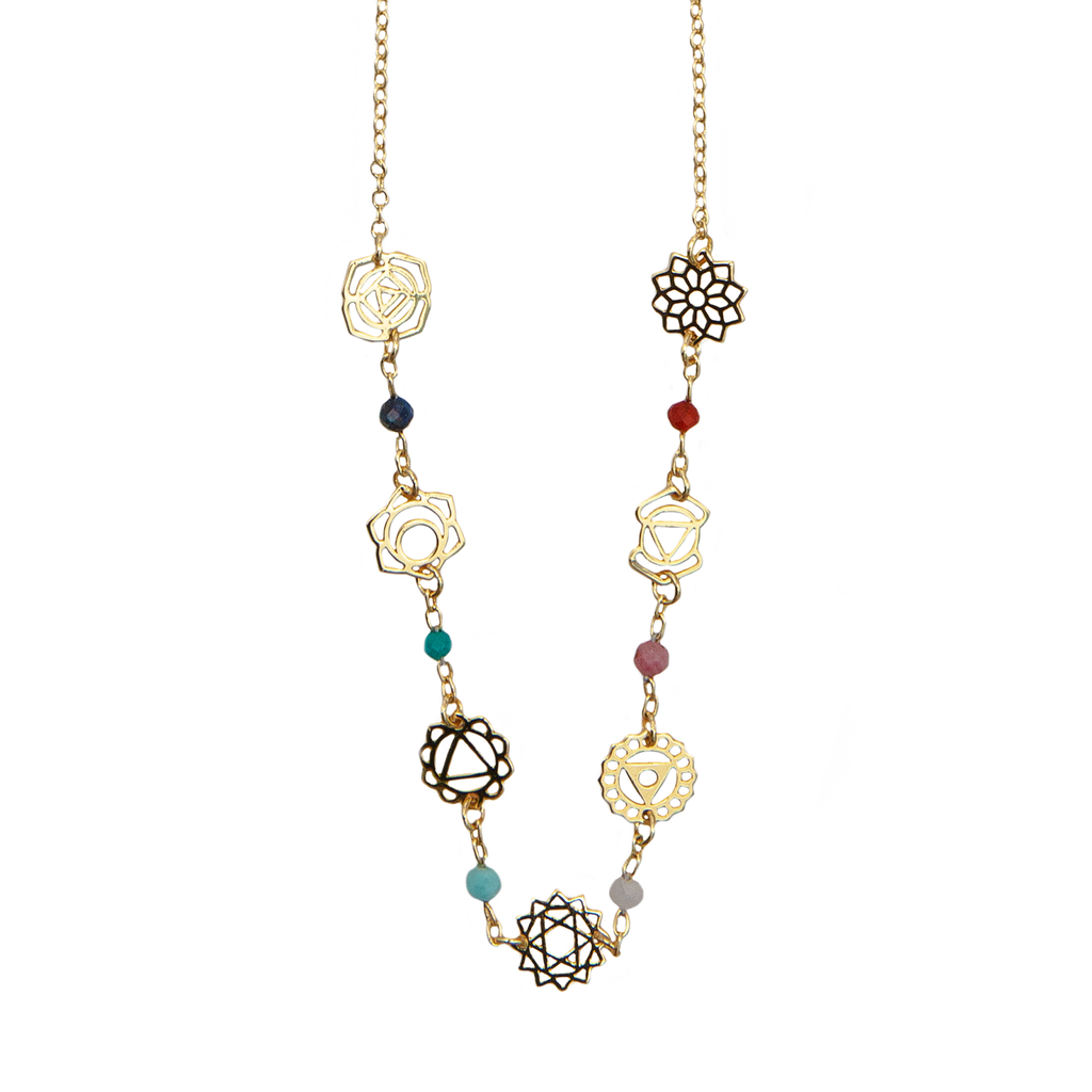 Collier de guérison des sept chakras plaqué or Lapis-lazuli turquoise amazonite quartz rose rhodolite agate