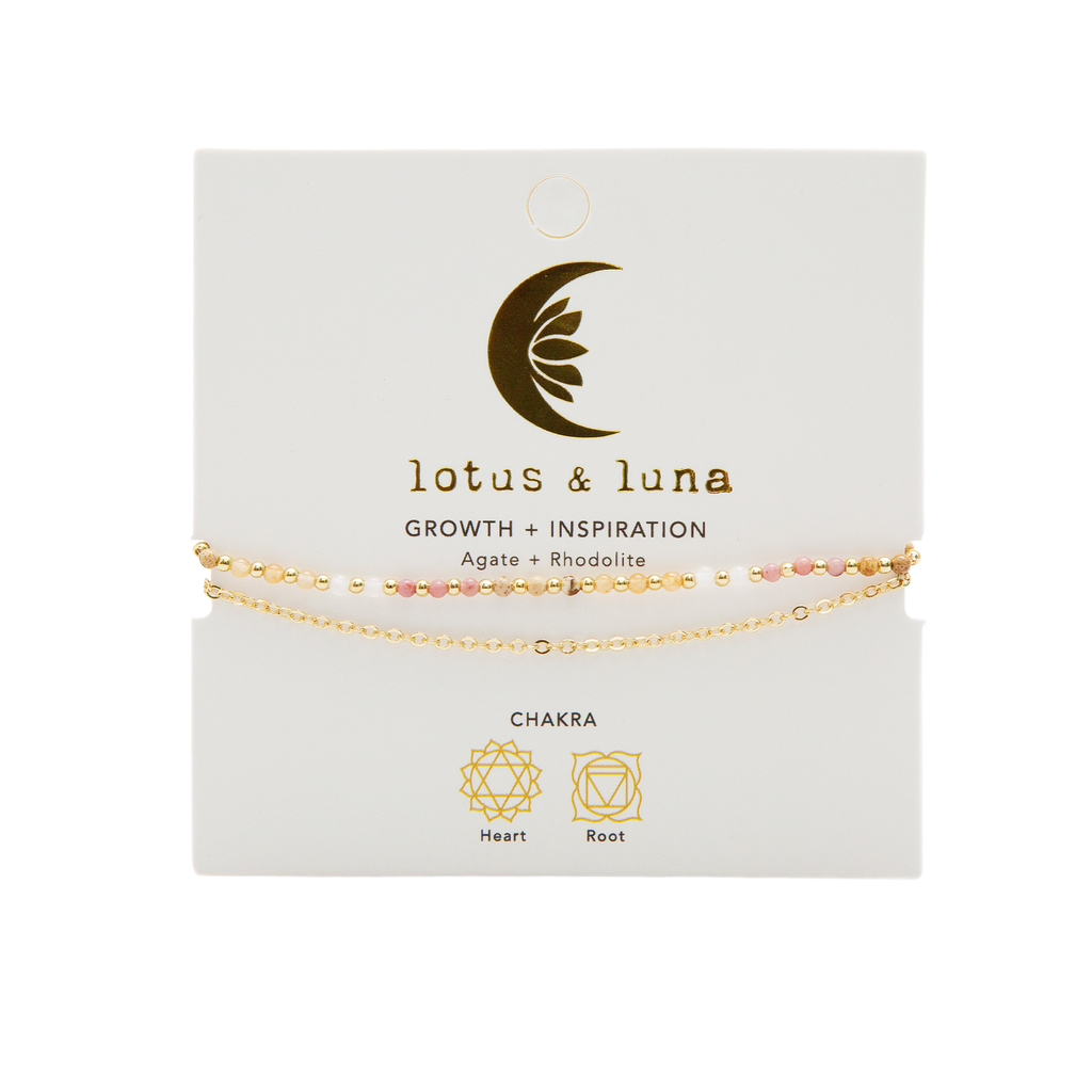 Bracelet de guérison double Growth & Inspiration 2 mm (plaqué or) Rhodolite Agate Quartz Jaspe Couleur Rose, Jaune, Blanc, Or