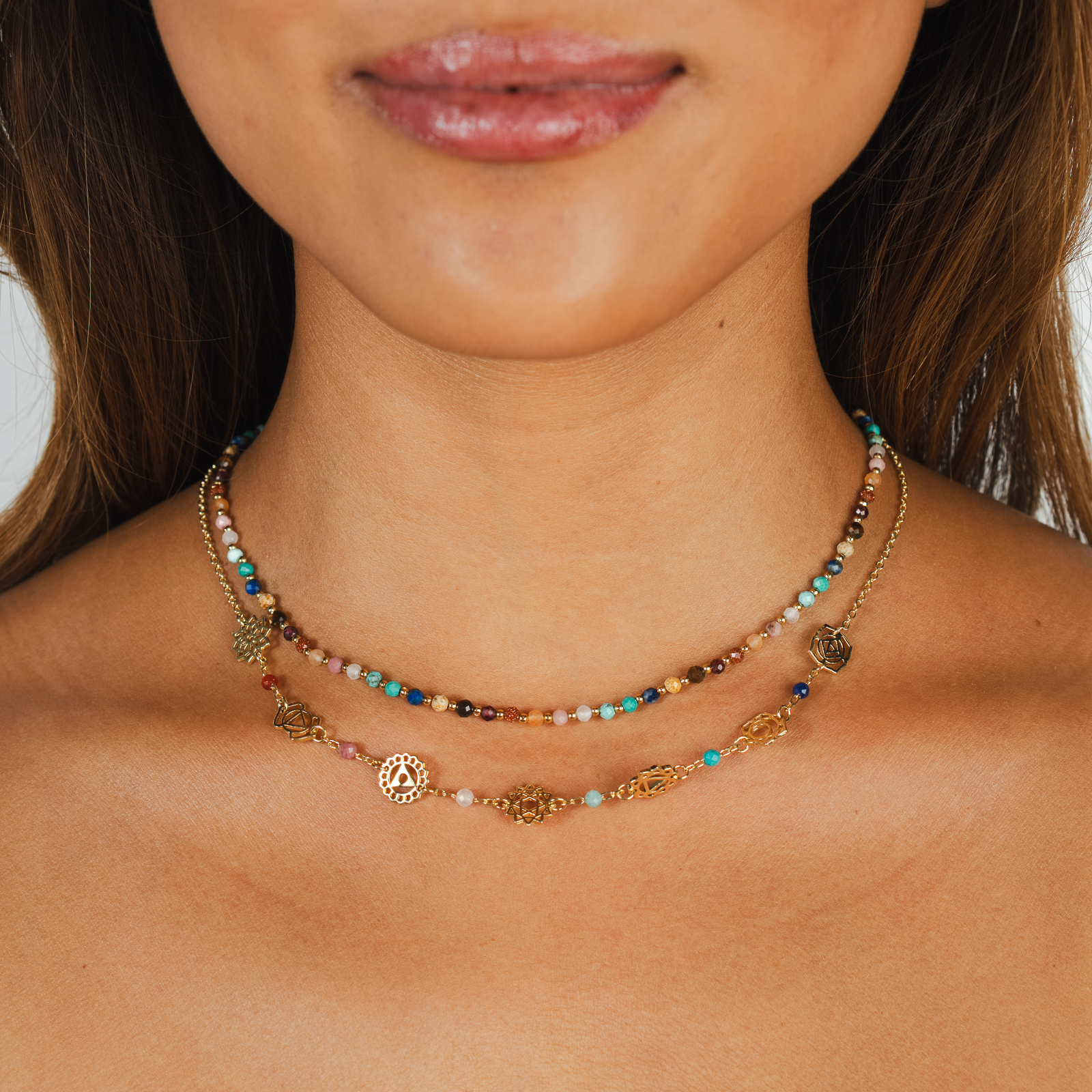 Collier de guérison des sept chakras plaqué or Lapis-lazuli turquoise amazonite quartz rose rhodolite agate
