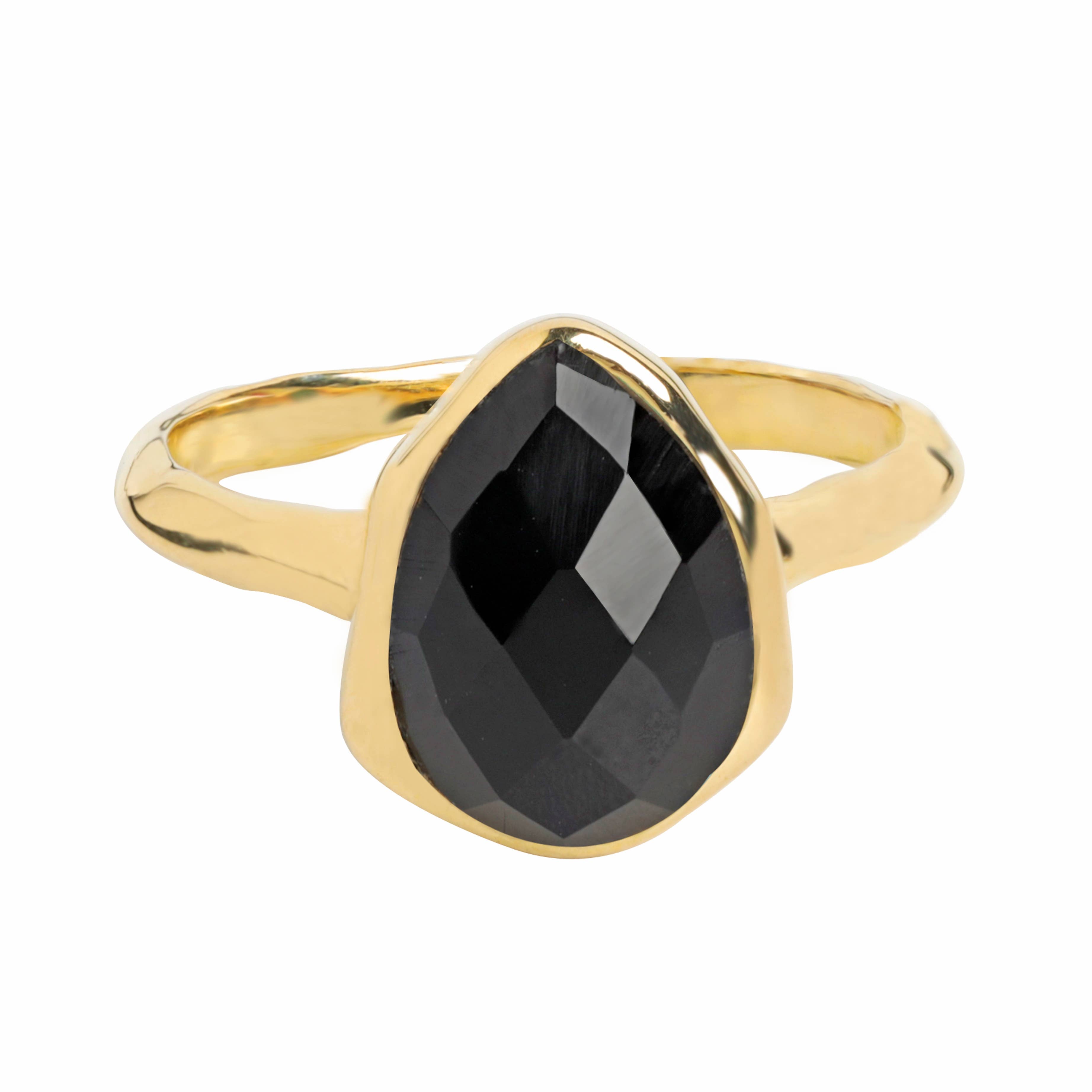 Bague Fleur en Onyx Noir Plaqué Or sur Argent