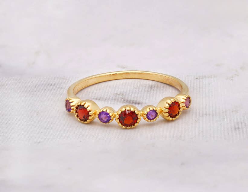 Bague solitaire en argent plaqué or 14K avec Améthyste et Grenat