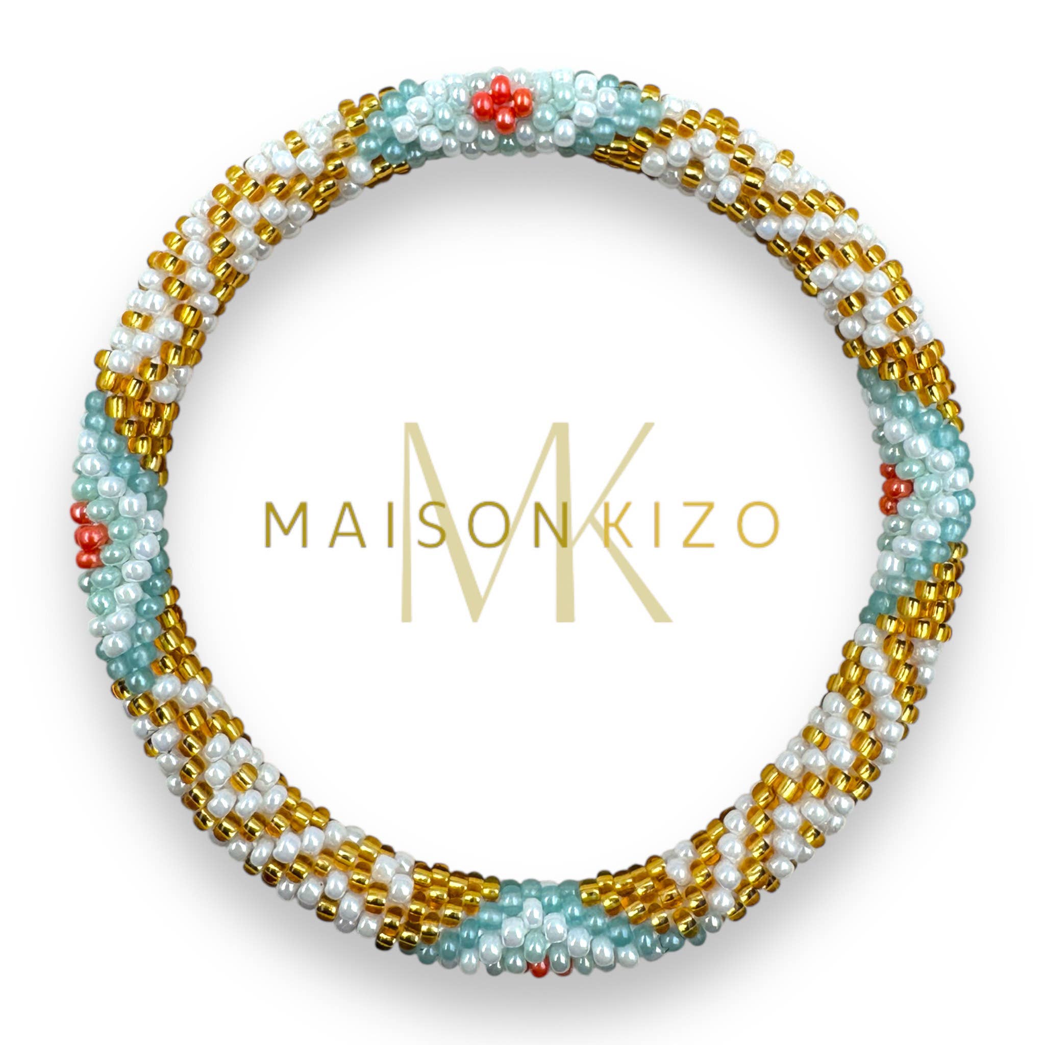 Bracelet népalais E43 Triangle bleu orange doré blanc