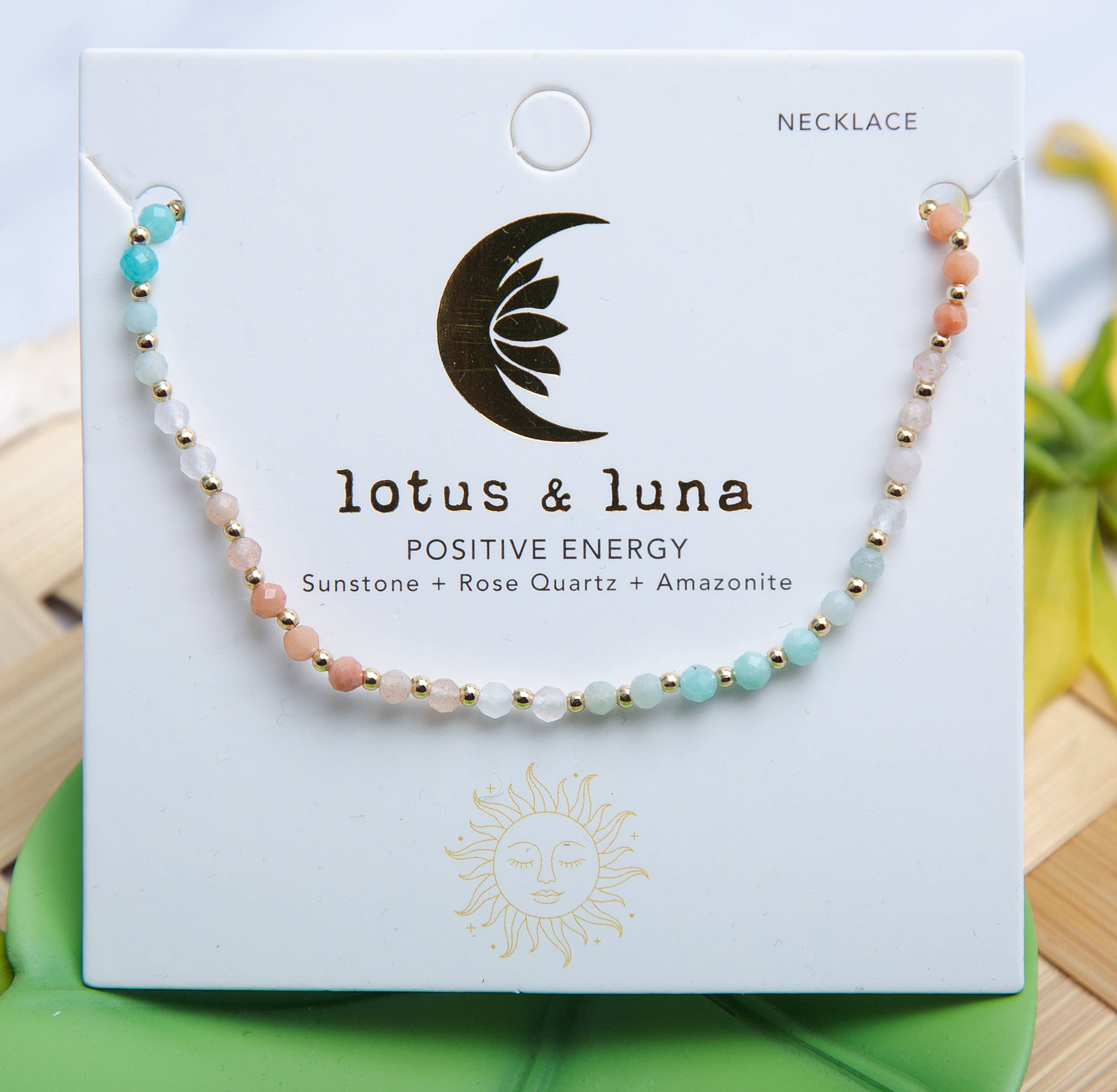 Collier de guérison Positive Energy 3 mm Amazonite, Pierre de Soleil, Aventurine Rose, Quartz Rose