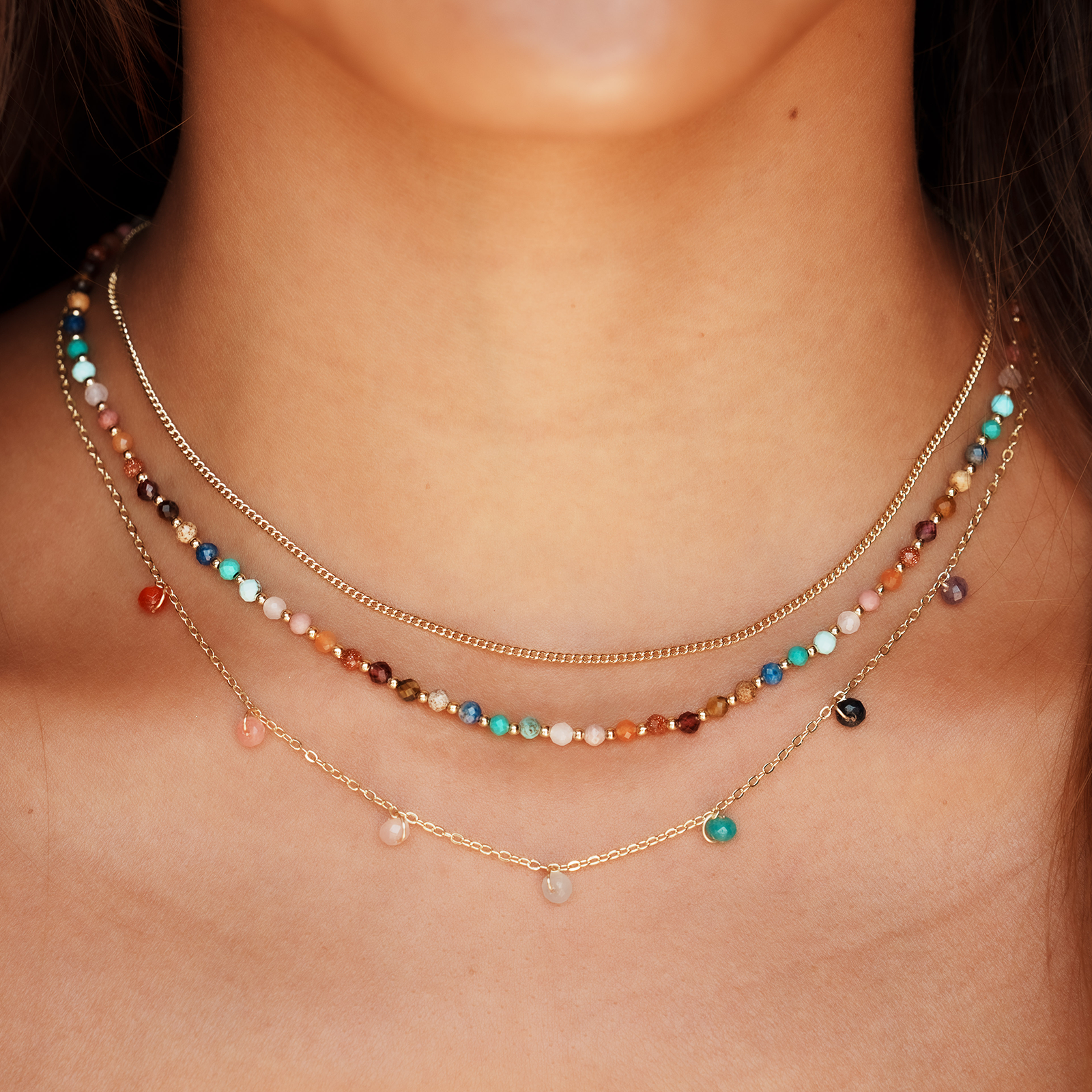 Collier Goutte de Rosée Guérisseur Maître en Or Master Healer 7 chakras 3mm  Quartz rose, Jaspe, Amazonite, Agate, Œil de tigre, Rhodolite, Lapis-lazuli