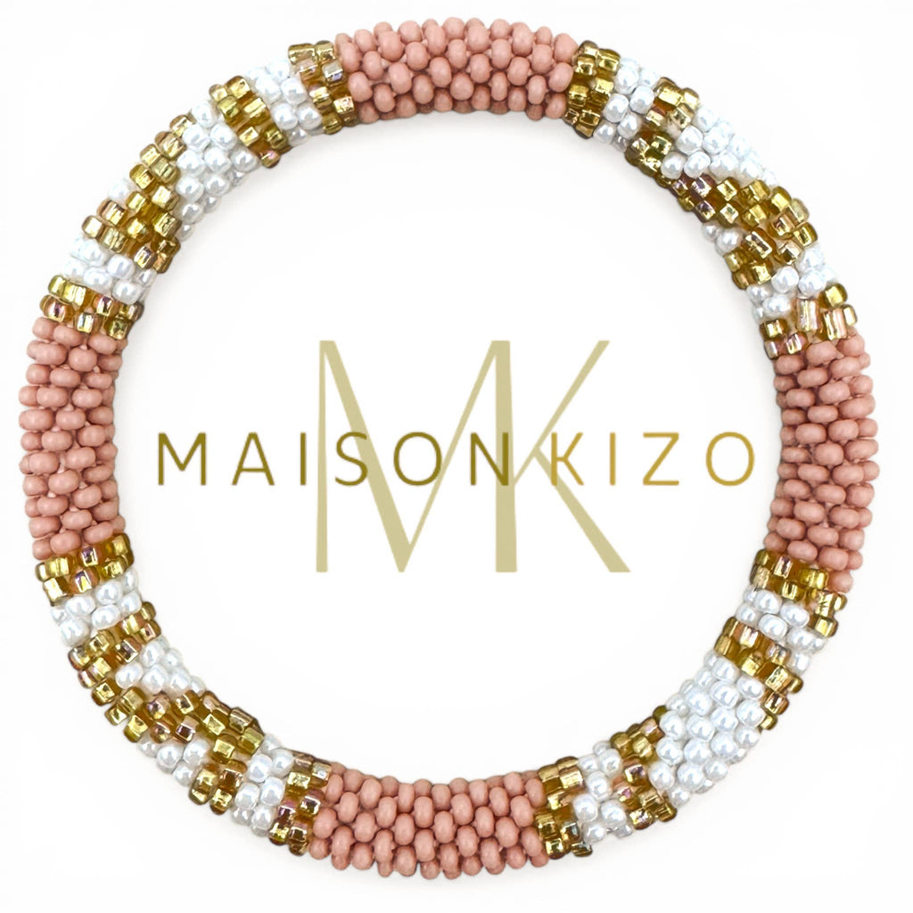 Bracelet népalais E58 vieux rose blanc doré