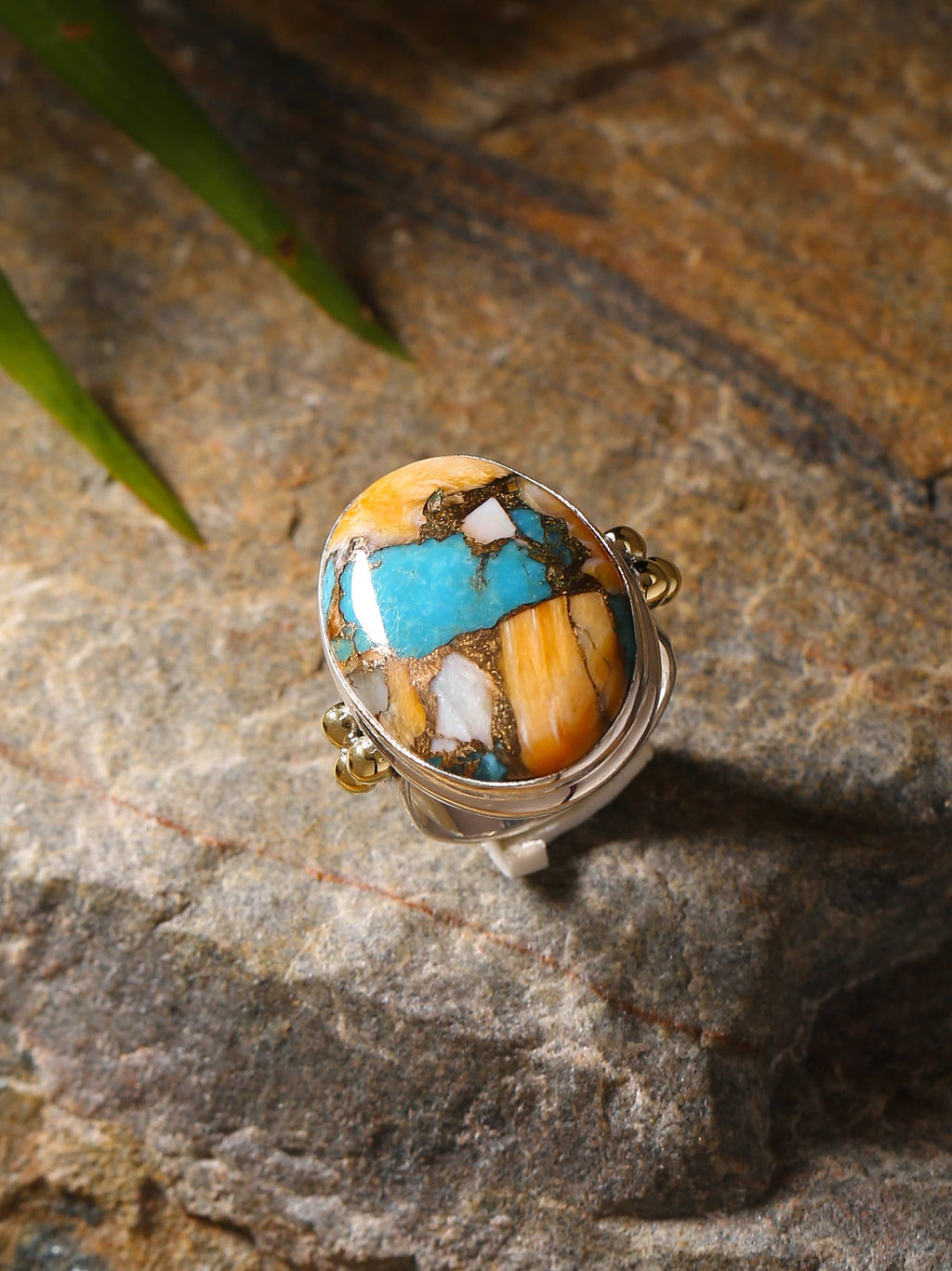 Bague Statement en Argent Sterling 925 & Laiton avec Turquoise Oyster