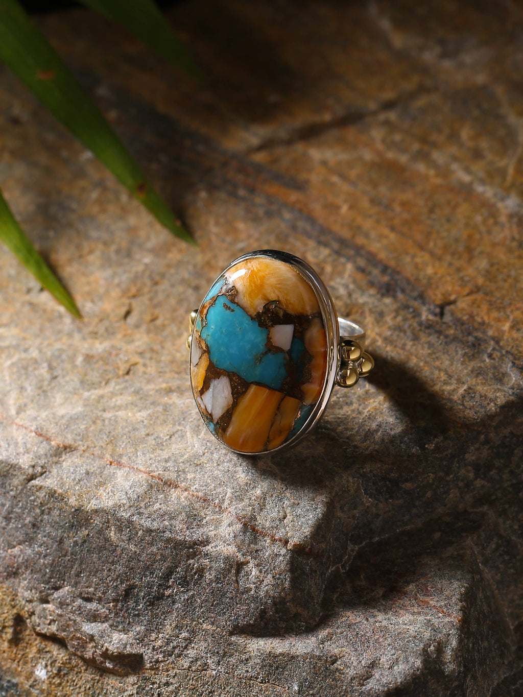 Bague Statement en Argent Sterling 925 & Laiton avec Turquoise Oyster