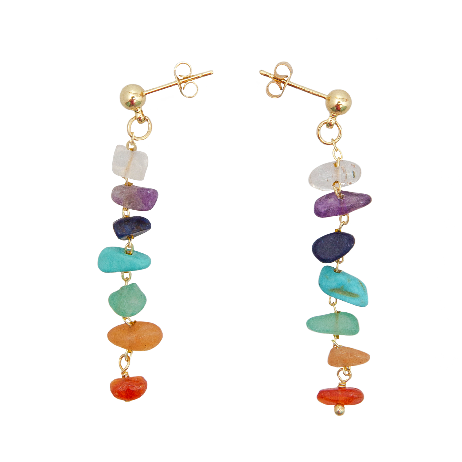 Boucles d'oreilles en pierres brutes des sept chakras en plaqué or Quartz Cornaline Agate Jade Turquoise Lapis lazuli Améthyste
