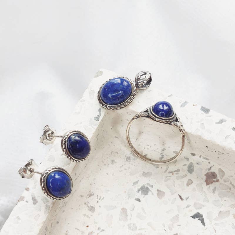 Clous d'oreilles Lapis-Lazuli bleu ovale, argent vieilli 925