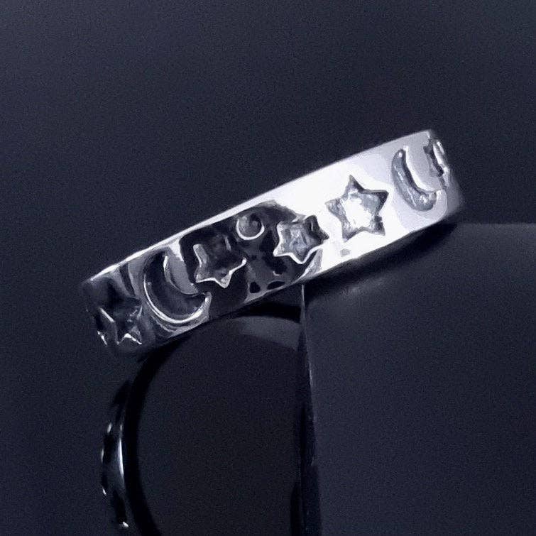 Bague Bande Unisexe Étoile et Lune Argent | Argent Sterling 925, R18