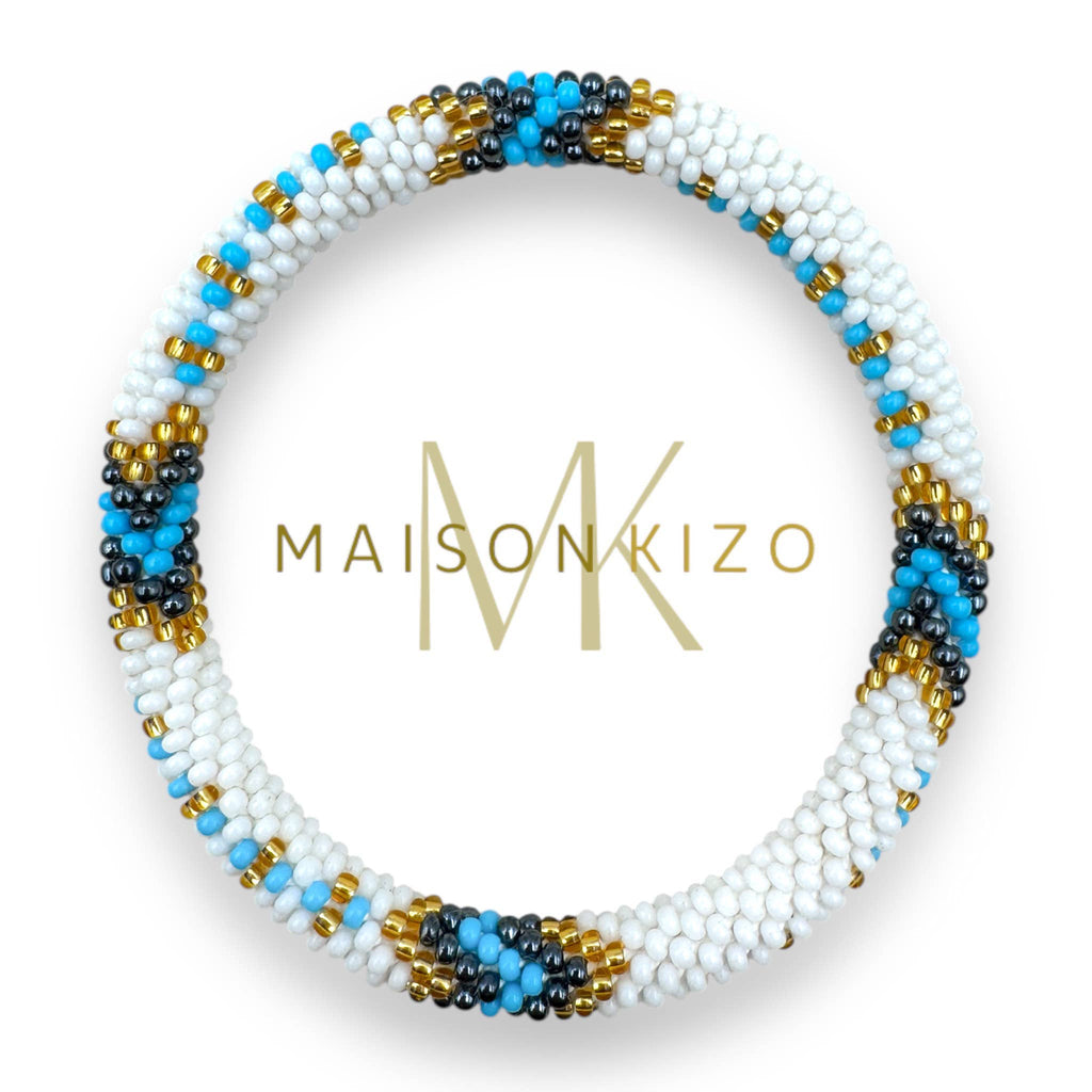 Bracelet népalais  perles de verre E35 Blanc Bleu Doré Triangle