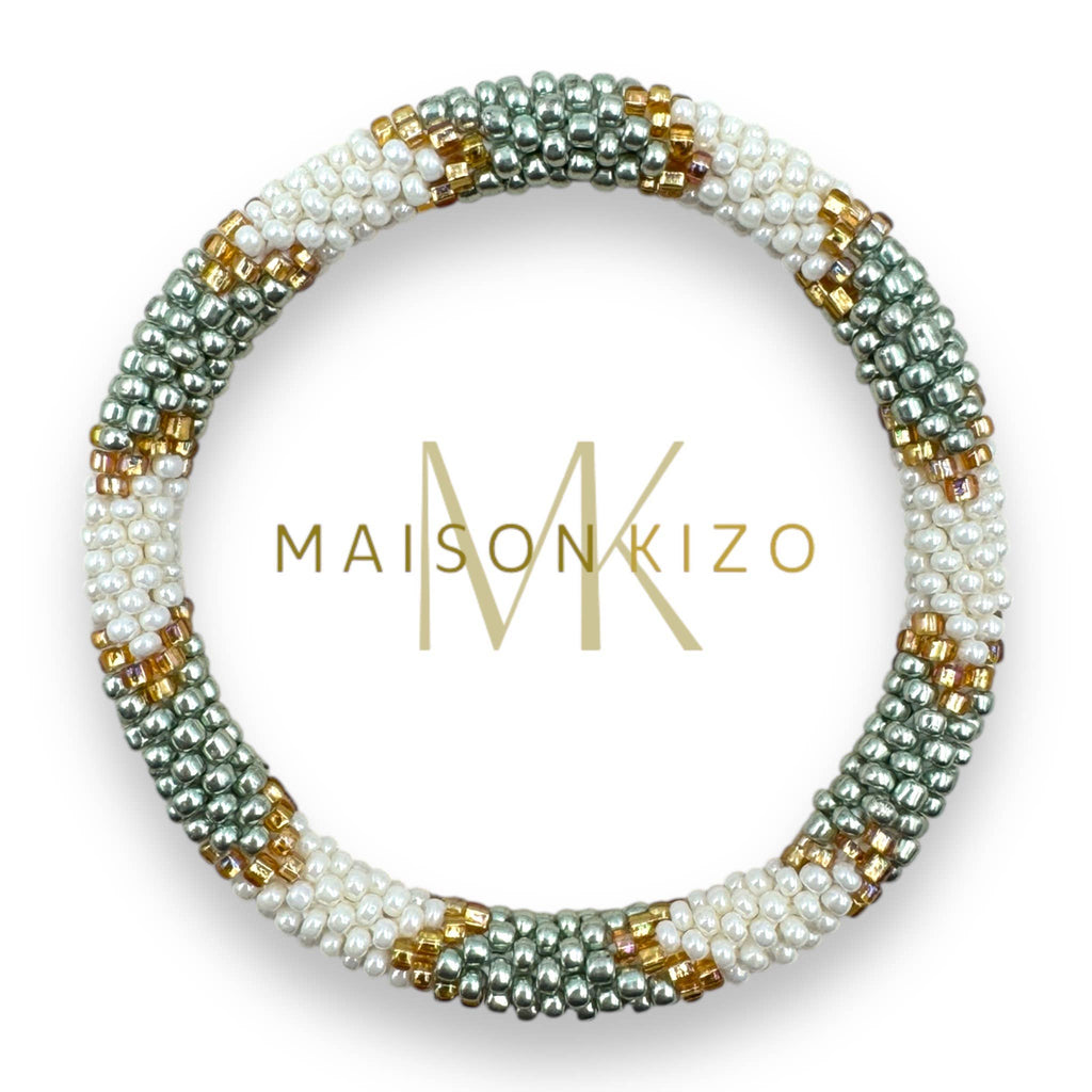 Bracelet népalais  perles de verre E31 Doré Blanc Argent