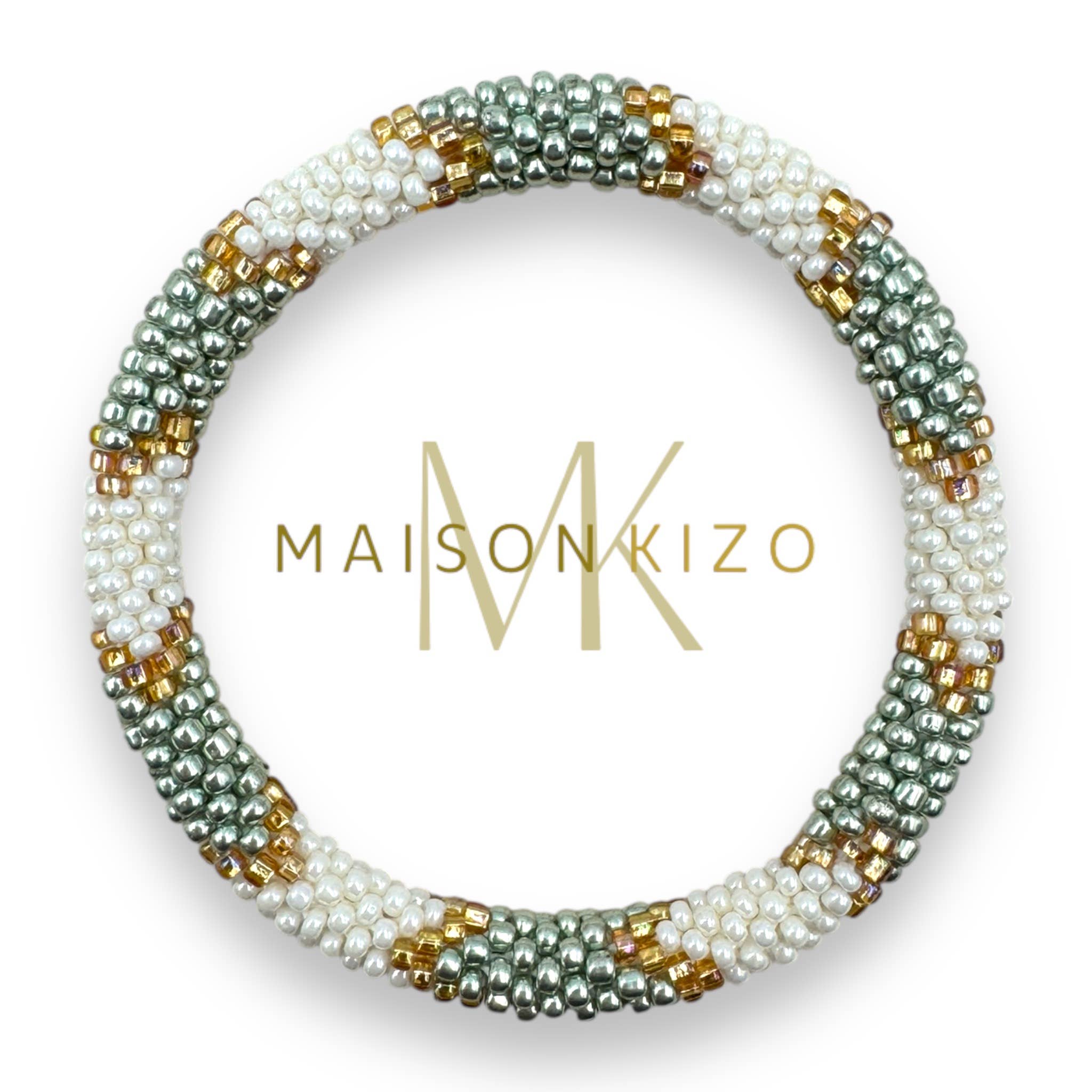 Bracelet népalais  perles de verre E31 Doré Blanc Argent