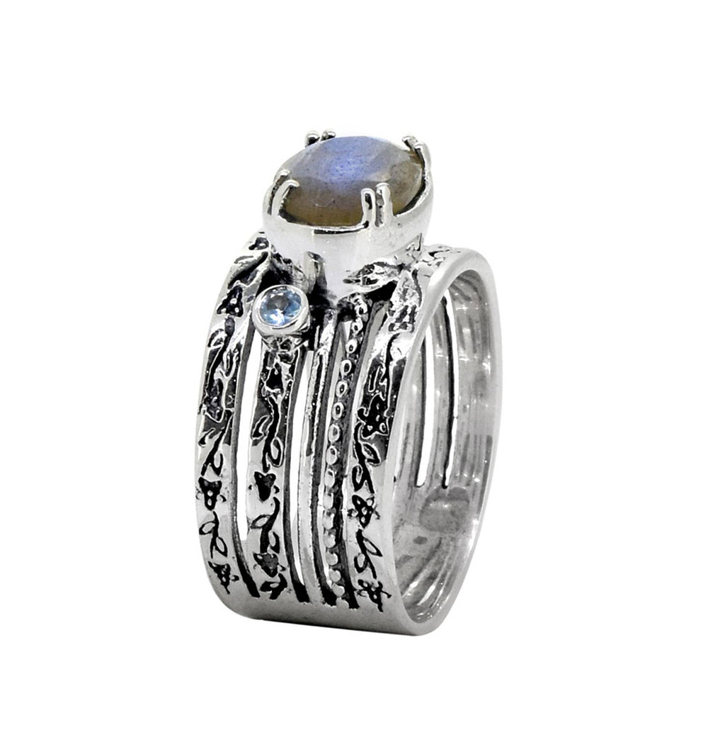Bague ancienne en argent sterling Labradorite et Topaze bleue suisse