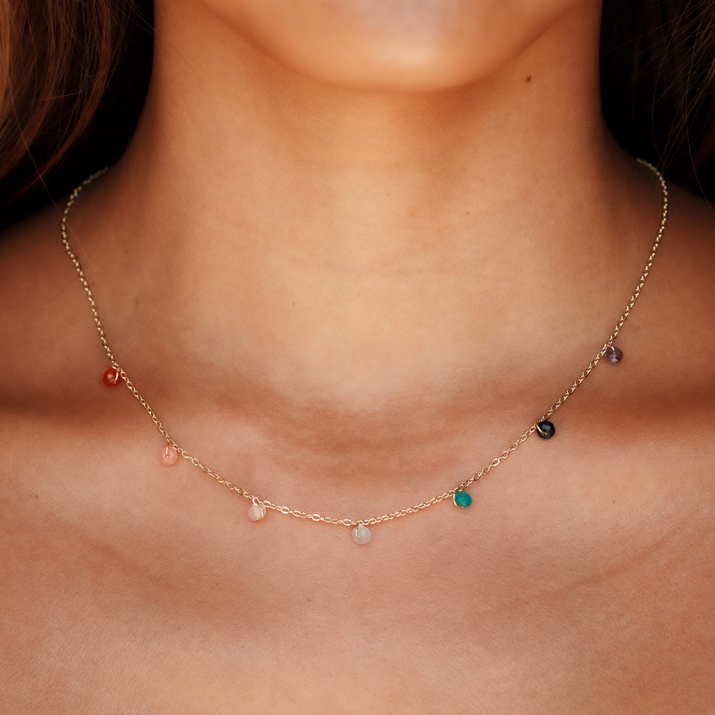 Collier Goutte de Rosée Guérisseur Maître en Or Master Healer 7 chakras 3mm  Quartz rose, Jaspe, Amazonite, Agate, Œil de tigre, Rhodolite, Lapis-lazuli