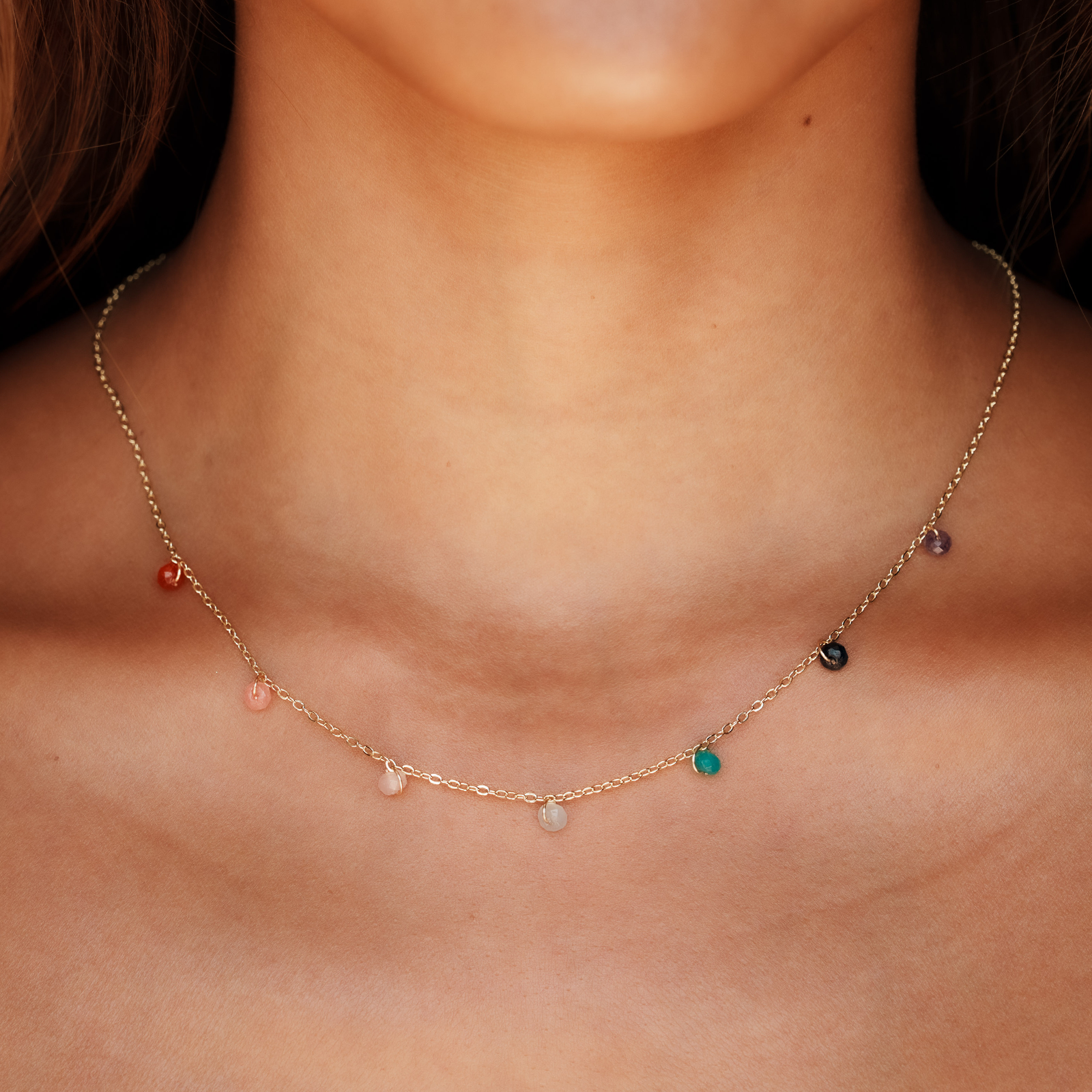 Collier Goutte de Rosée Guérisseur Maître en Or Master Healer 7 chakras 3mm  Quartz rose, Jaspe, Amazonite, Agate, Œil de tigre, Rhodolite, Lapis-lazuli
