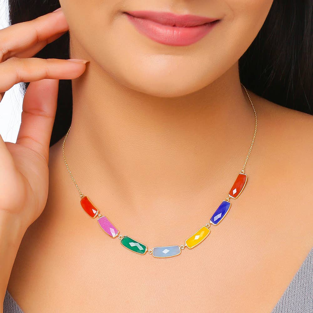 Collier Chakra à 7 pierres plaqué en or 18 carats cornaline quartz lavande onyx vert calcédoine bleue quartz jaune aventurine bleue  jaspe rouge