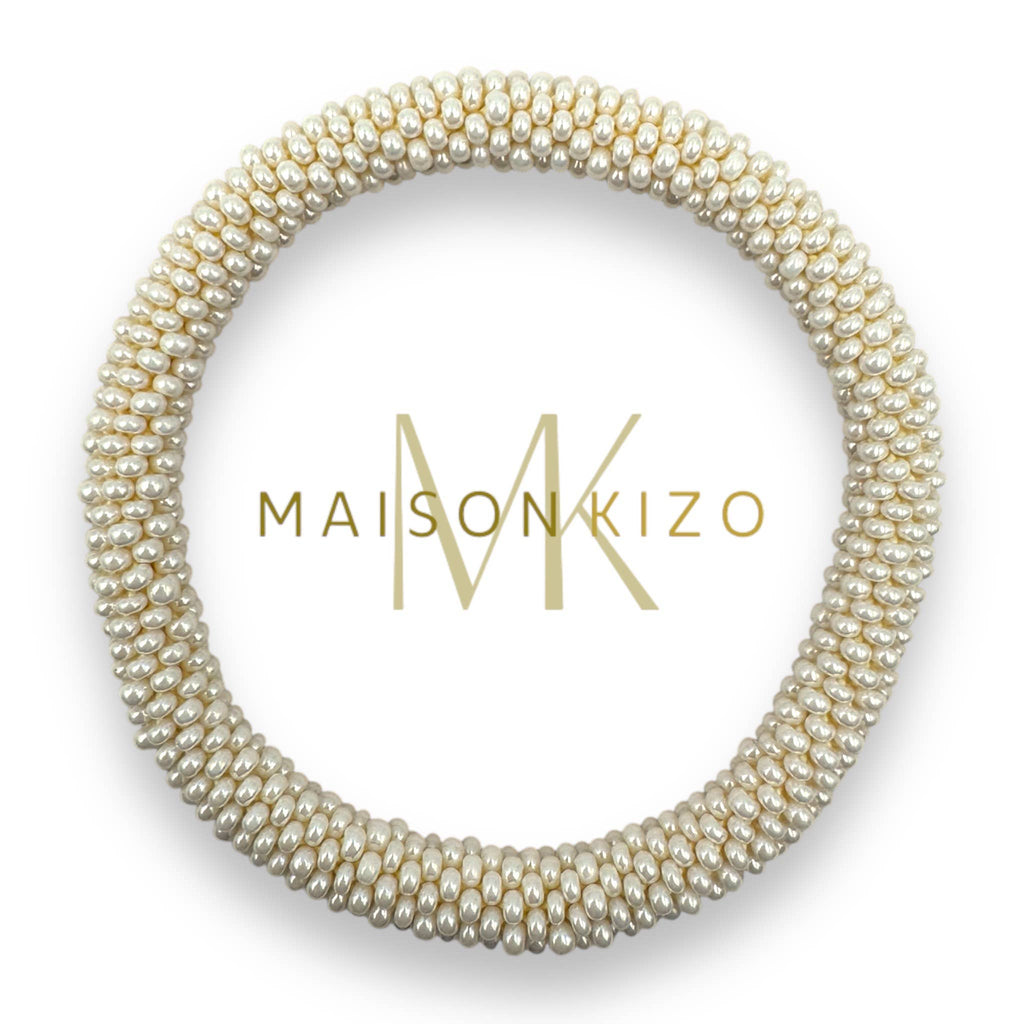 Bracelet népalais  perles de verre E19 Blanc Perle Unis