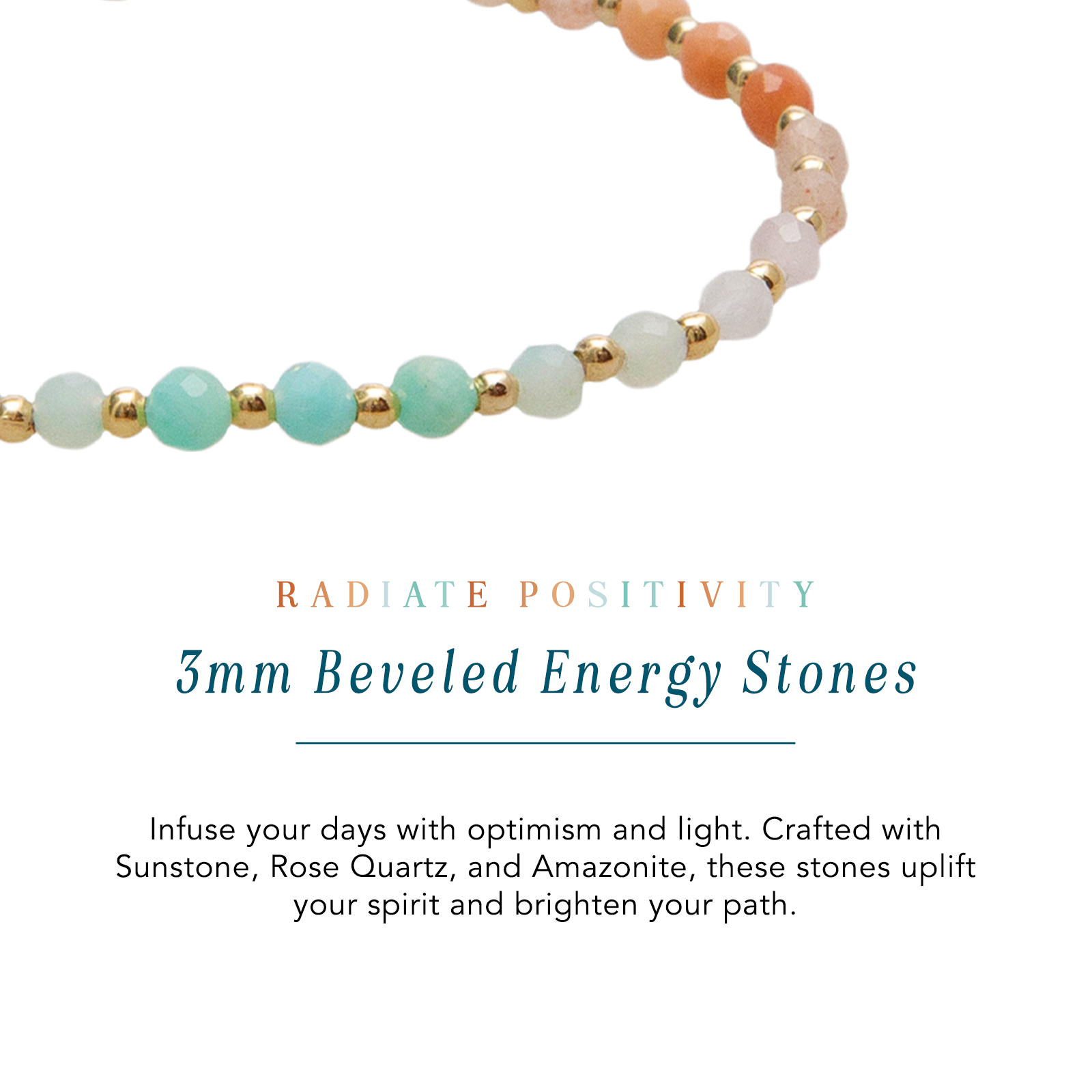 Bracelet de guérison 3 mm Positive Energy  Amazonite, Pierre de Soleil, Aventurine Rose, Quartz Rose