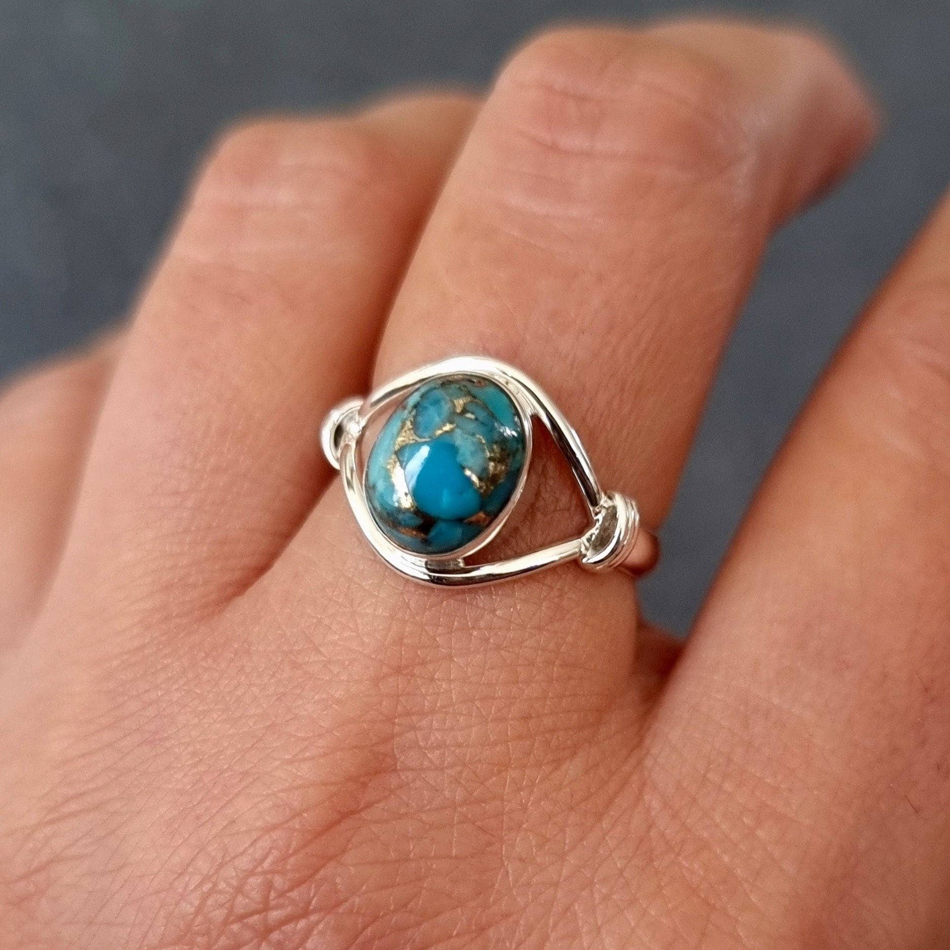 Bague Turquoise bleue et cuivre en Argent