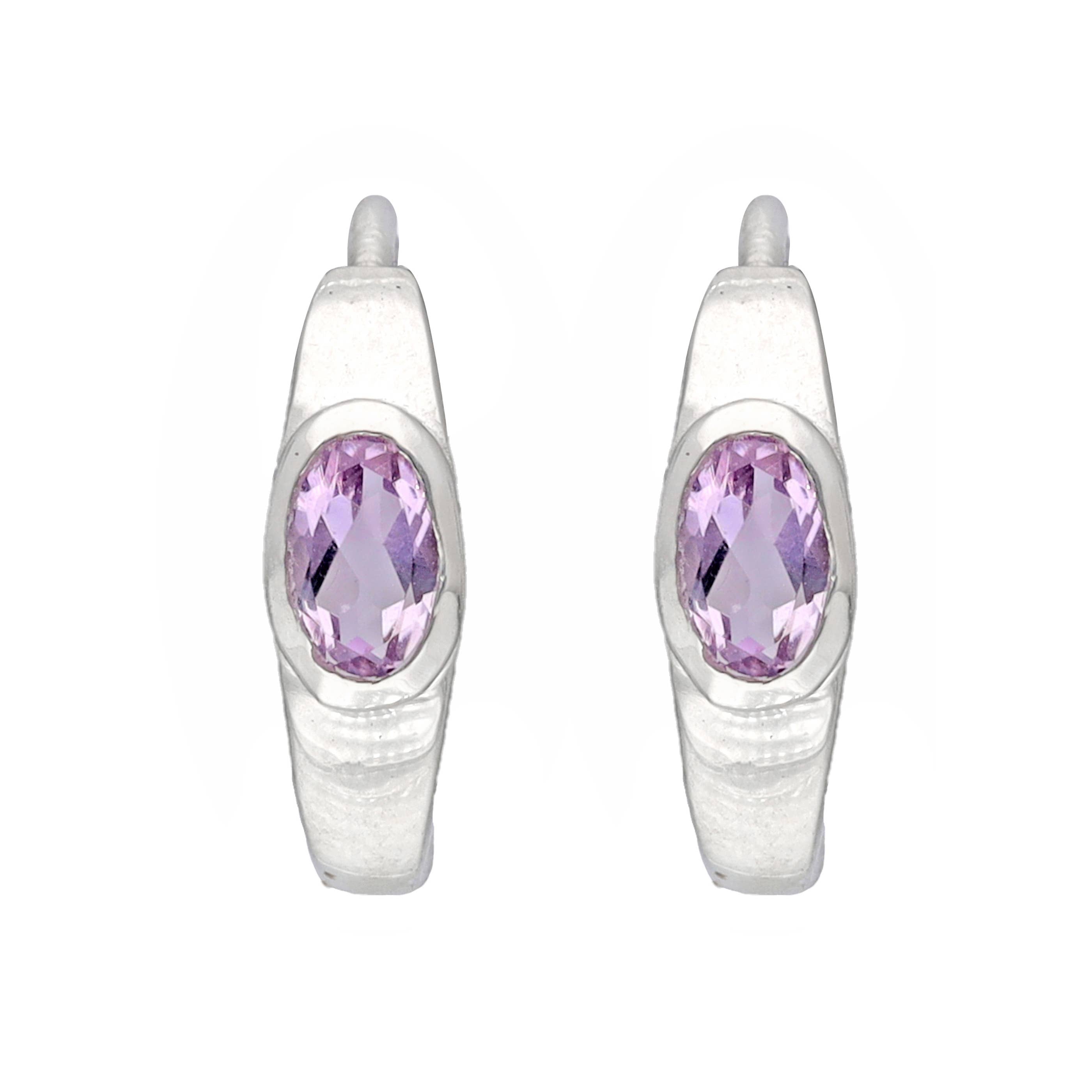 Boucles d'oreilles créoles en argent sterling 925 avec pierre précieuse améthyste