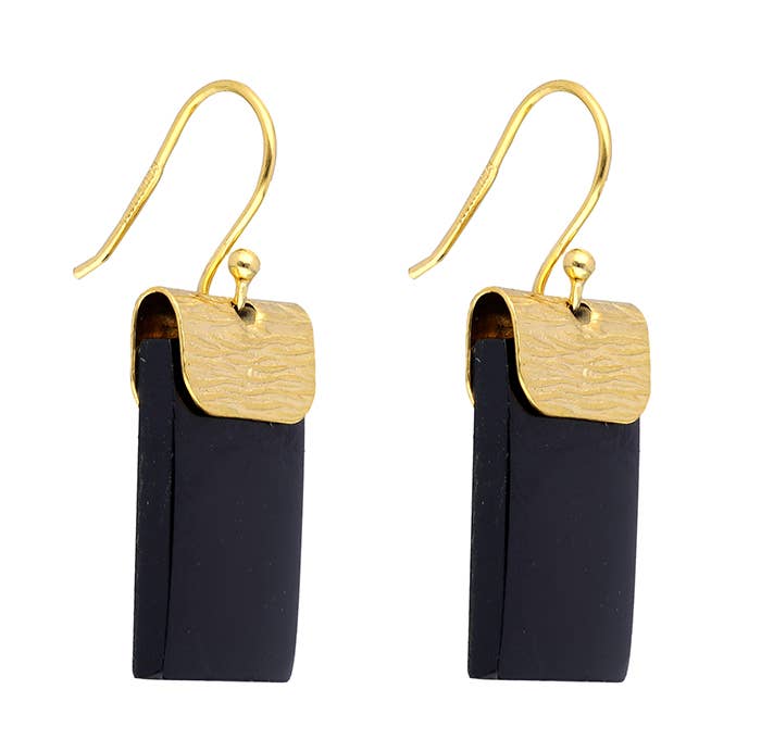 Boucles d'oreilles pendantes en argent 925 plaqué or Onyx noir