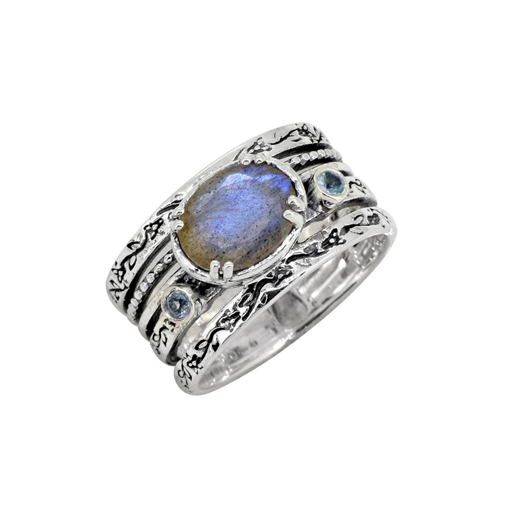 Bague ancienne en argent sterling Labradorite et Topaze bleue suisse