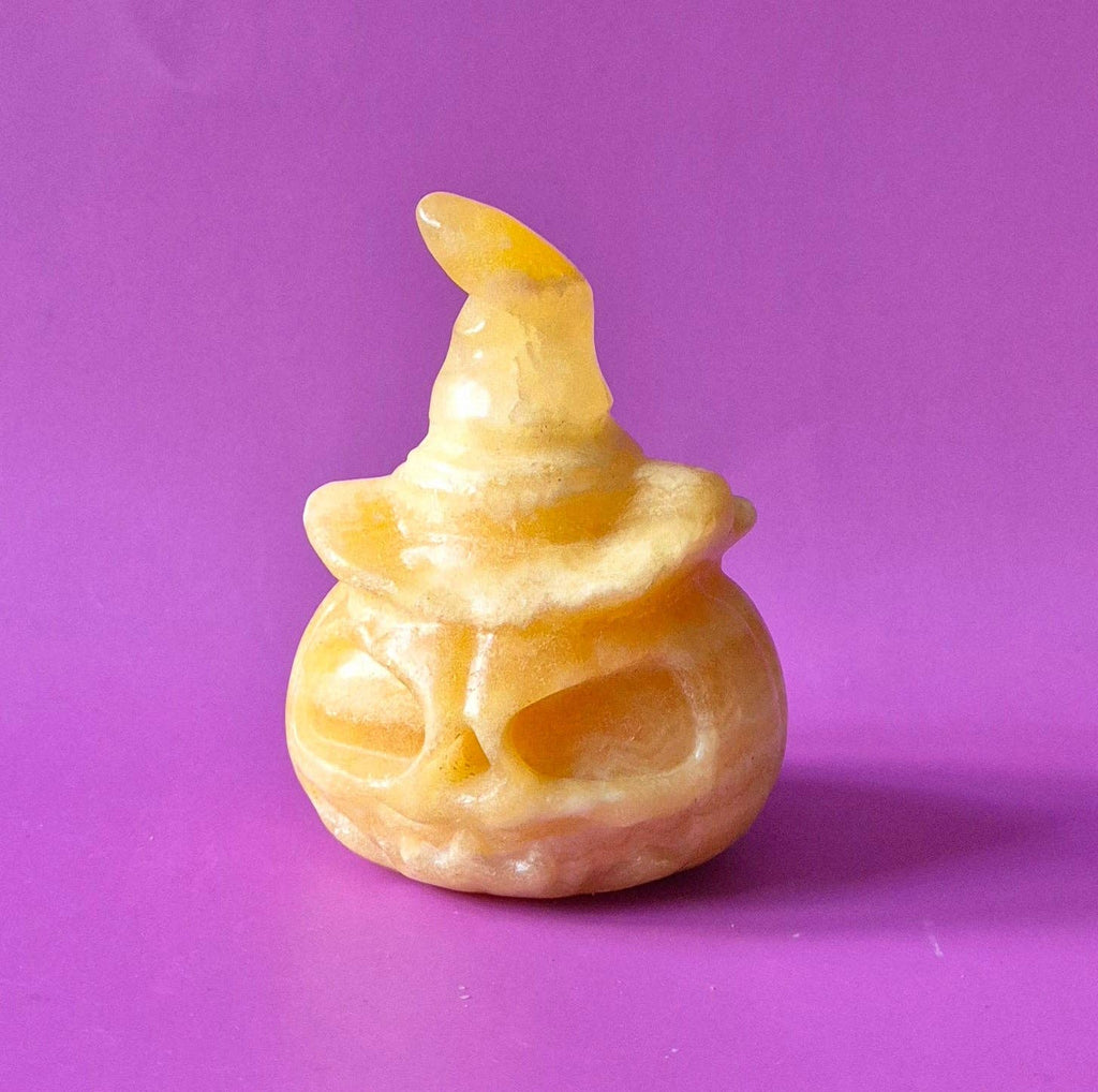 Citrouille d'Halloween en Calcite Miel avec Chapeau – env. 7 cm - Décoration en Pierre Précieuse