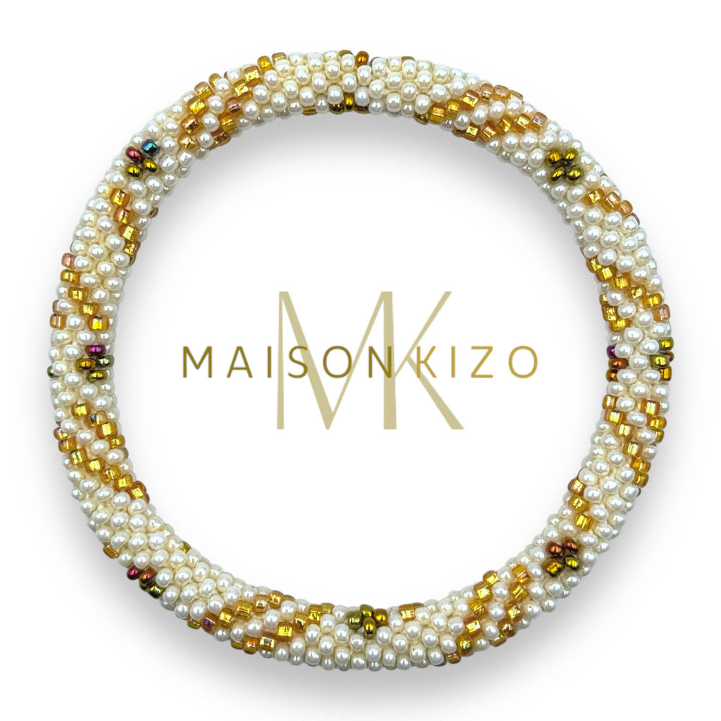 Bracelet népalais  perles de verre D24 blanc doré fleur torsadé