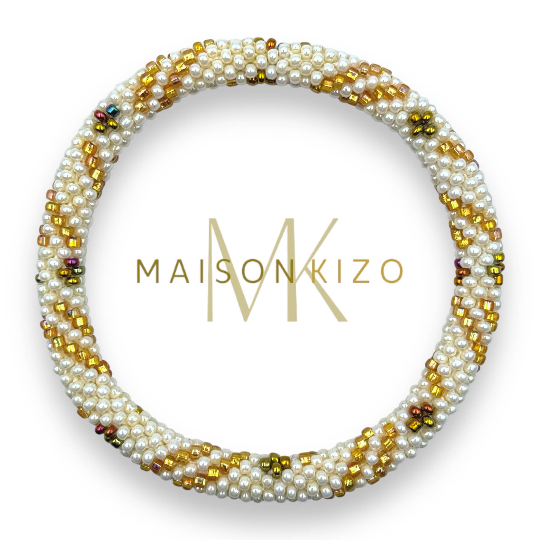 Bracelet népalais  perles de verre D24 blanc doré fleur torsadé